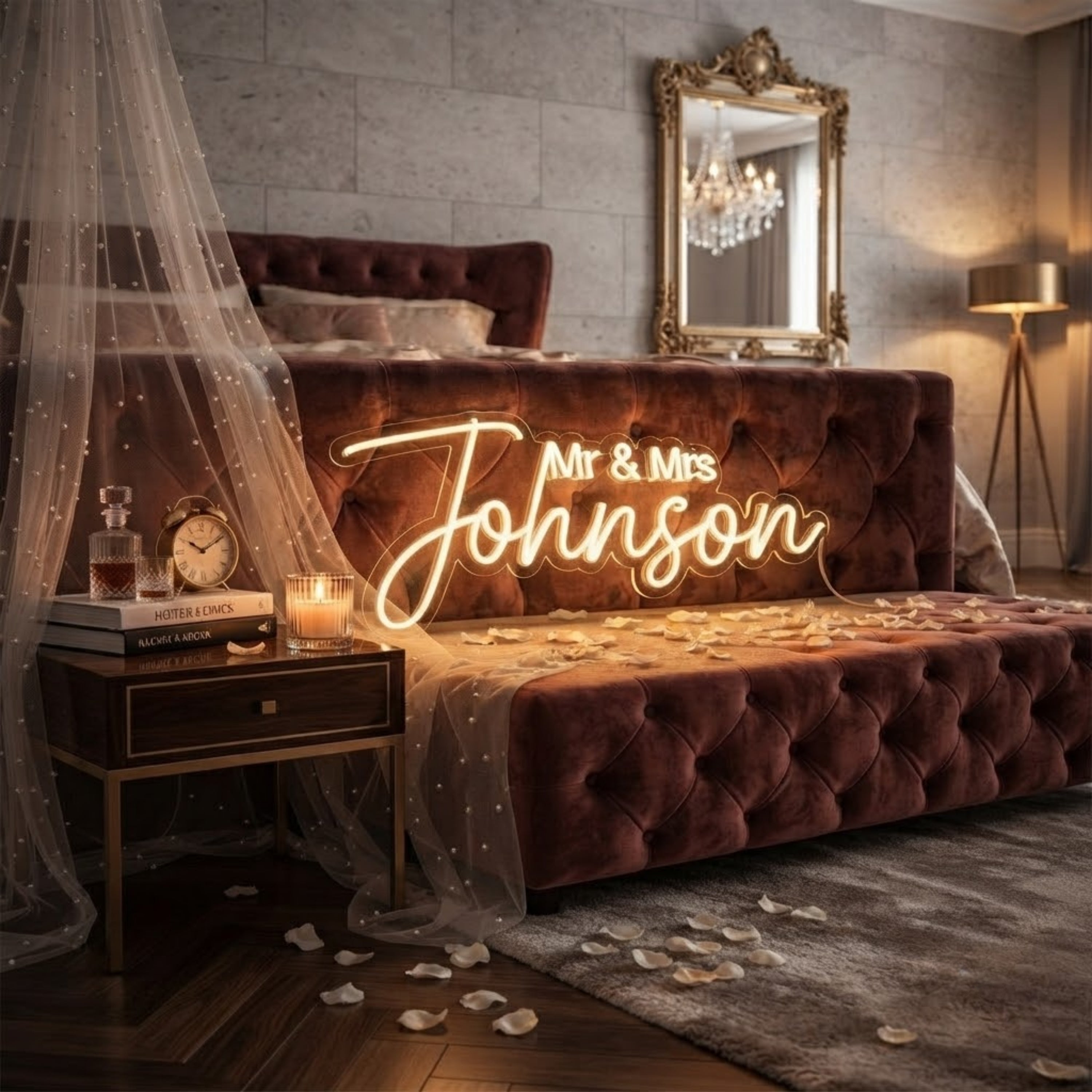 Personalized Mr & Mrs Wedding Neon Sign Custom Last Name LED Light, Elegant Coup