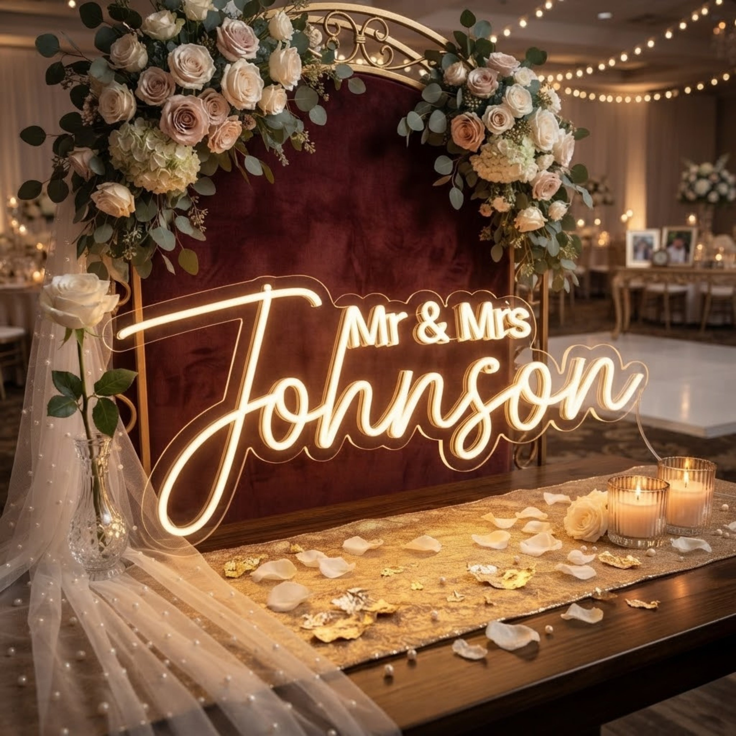 Personalized Mr & Mrs Wedding Neon Sign Custom Last Name LED Light, Elegant Coup