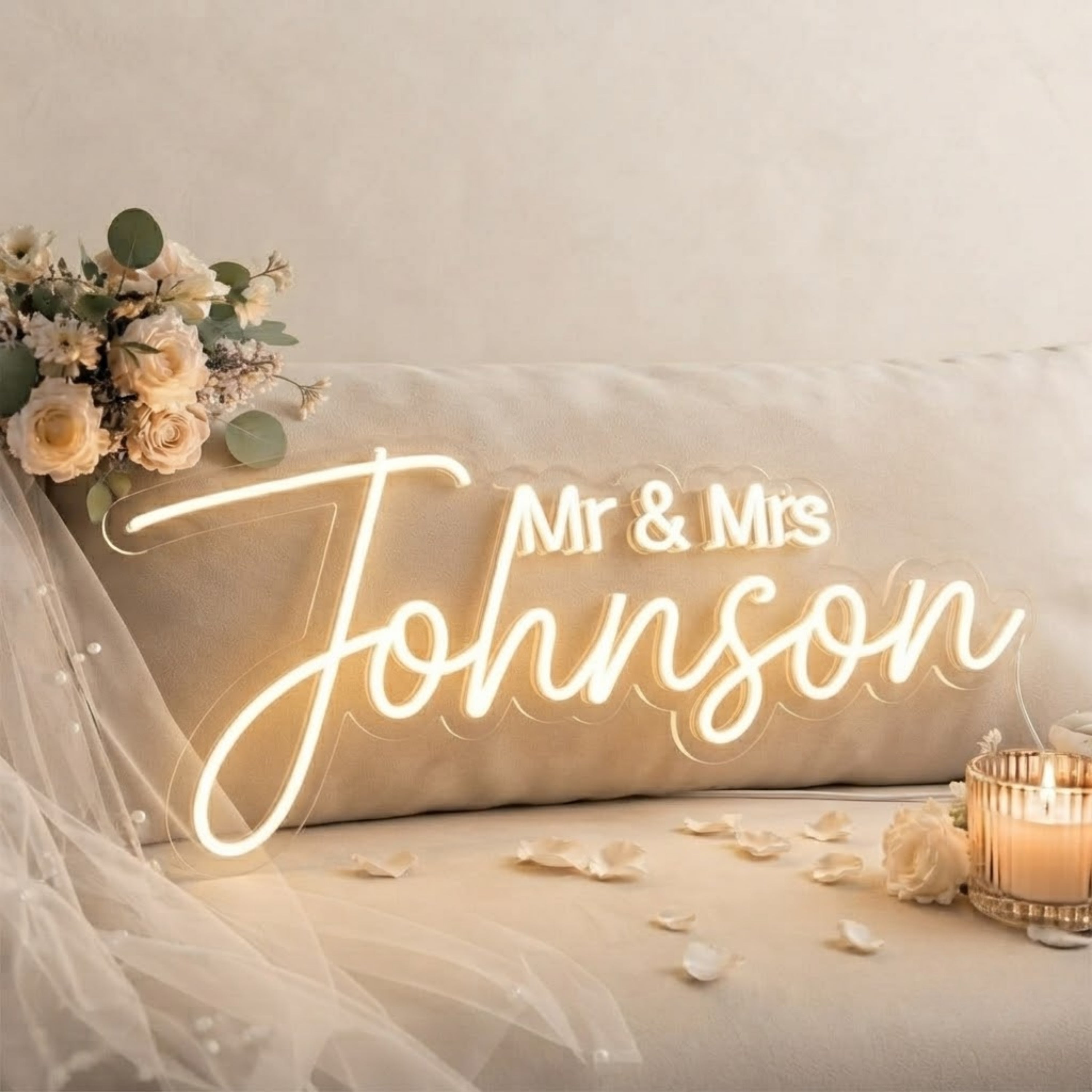 Personalized Mr & Mrs Wedding Neon Sign Custom Last Name LED Light, Elegant Coup