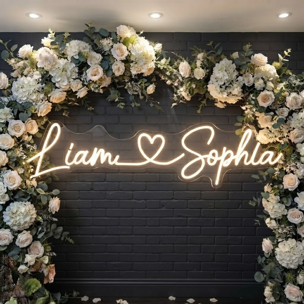Personalized Wedding Neon Sign Custom Couple Names LED Light, Romantic Heart Neo