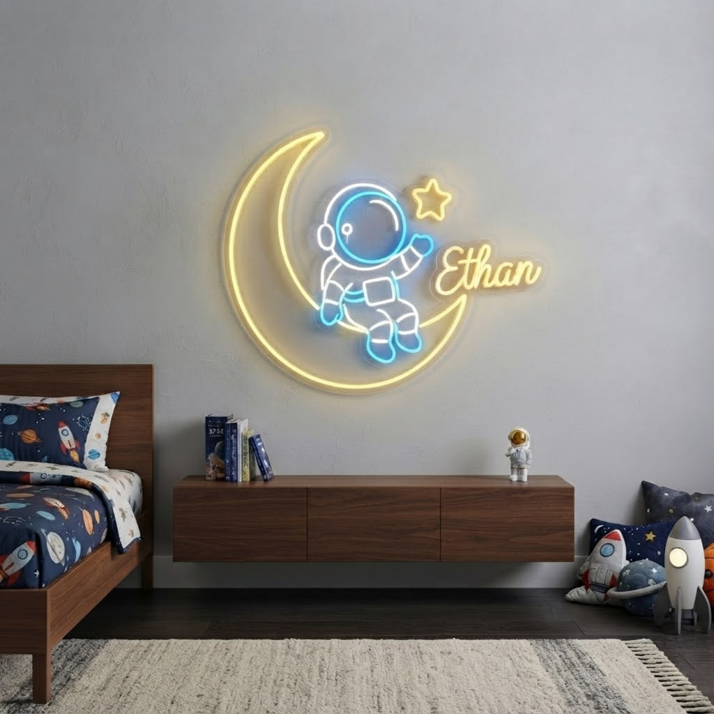 Personalized Astronaut Neon Sign Custom Name LED Space Light, Kids Room Wall Dec