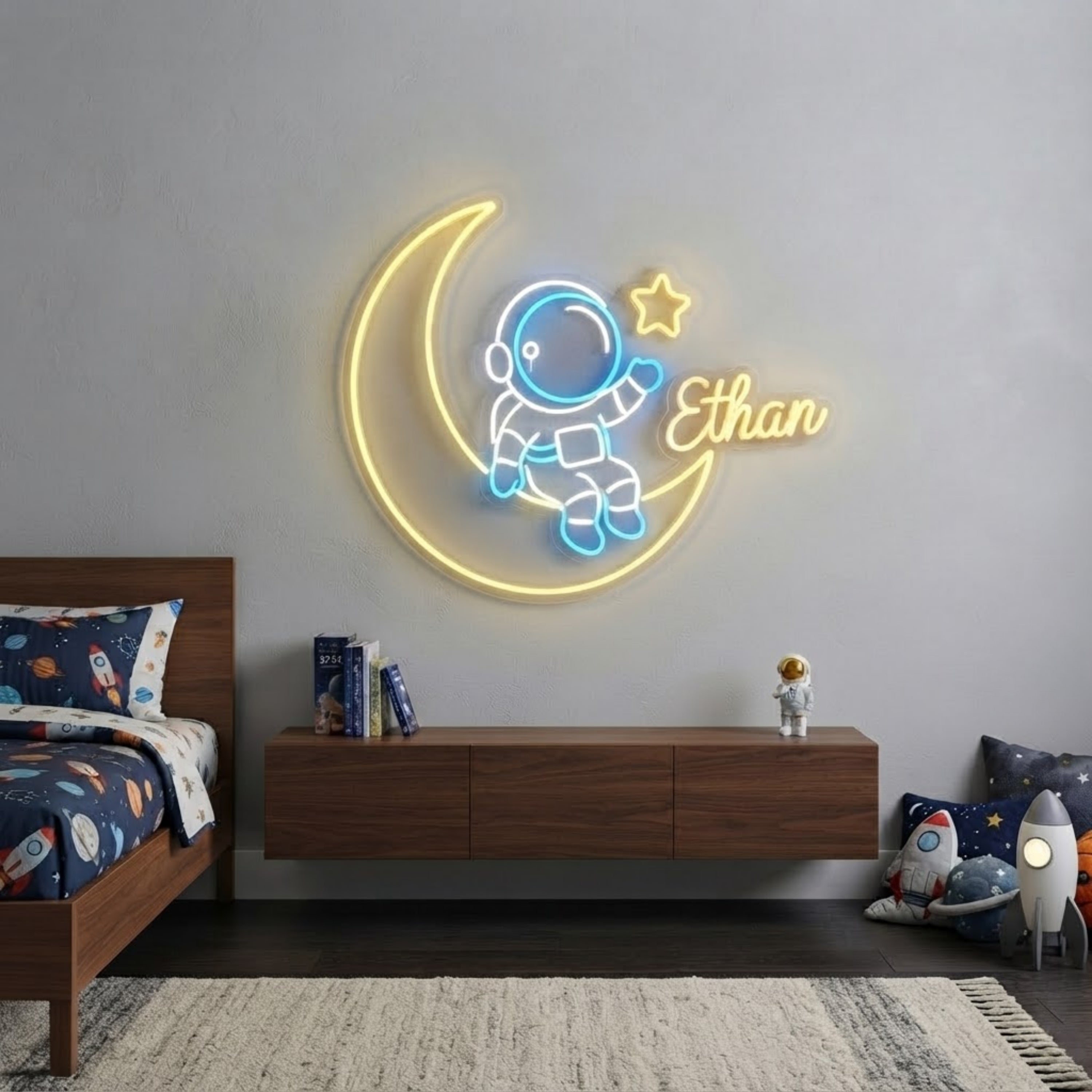 Personalized Astronaut Neon Sign Custom Name LED Space Light, Kids Room Wall Dec