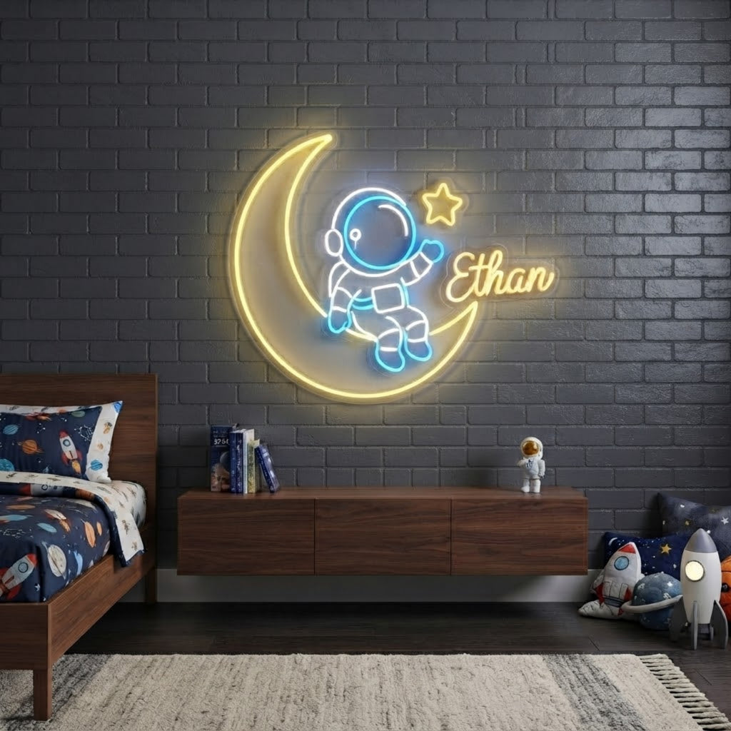 Personalized Astronaut Neon Sign Custom Name LED Space Light, Kids Room Wall Dec