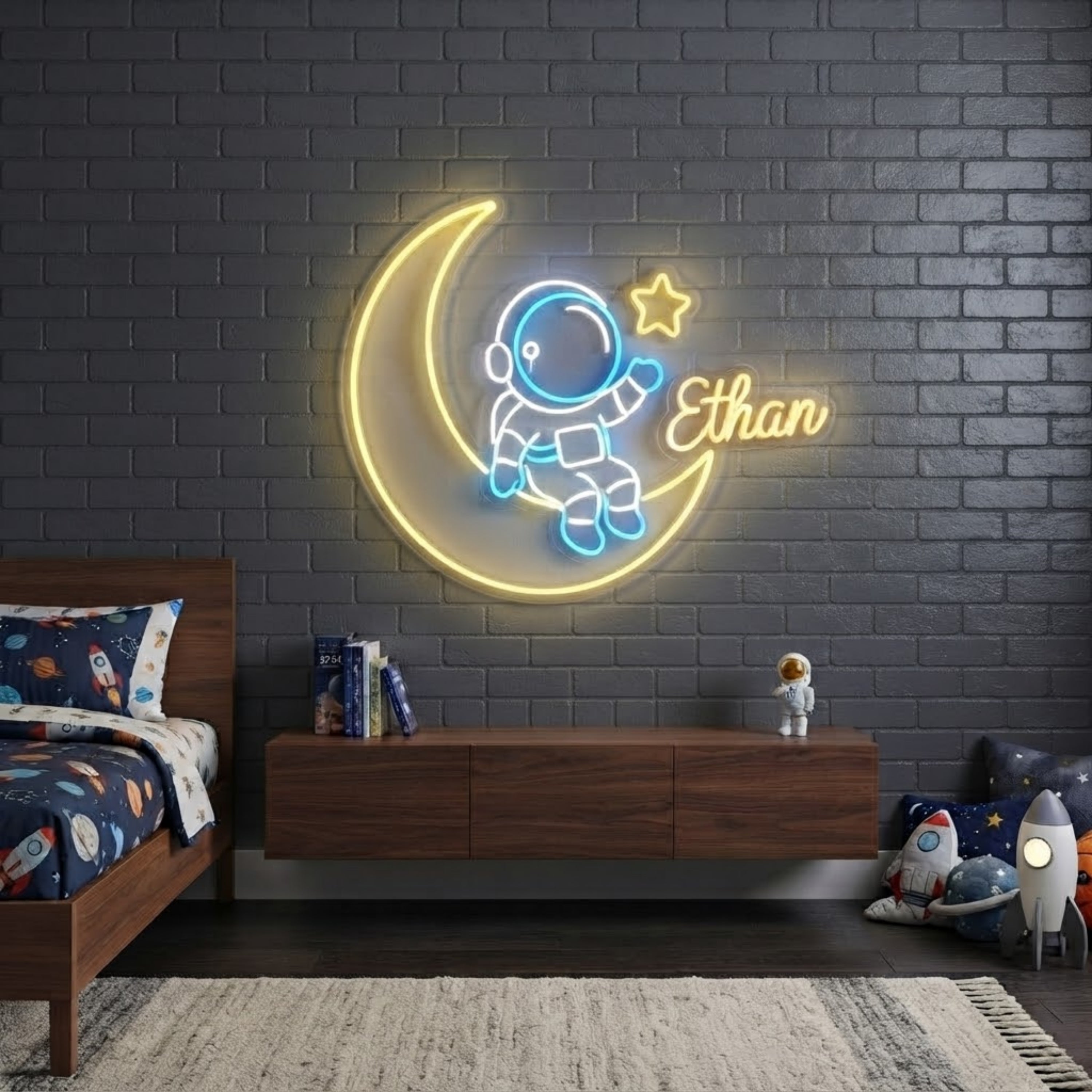 Personalized Astronaut Neon Sign Custom Name LED Space Light, Kids Room Wall Dec