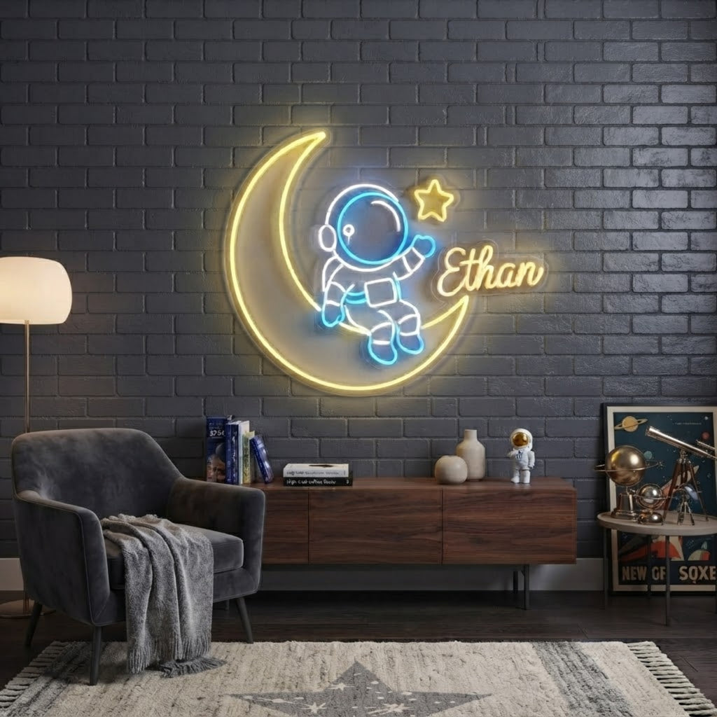 Personalized Astronaut Neon Sign Custom Name LED Space Light, Kids Room Wall Dec