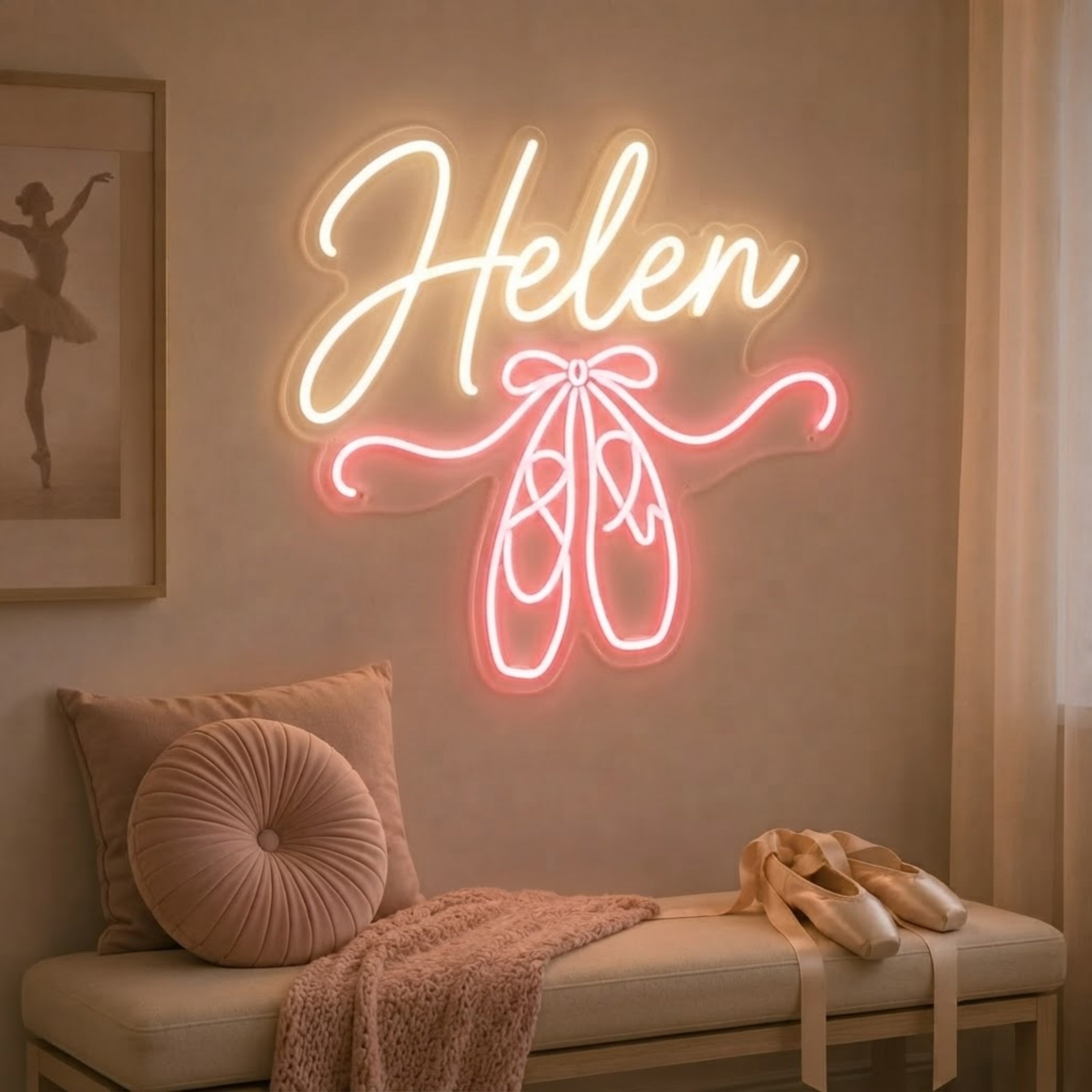 Personalized Ballet Neon Sign Custom Name LED Light with Ballet Shoes, Pink Danc