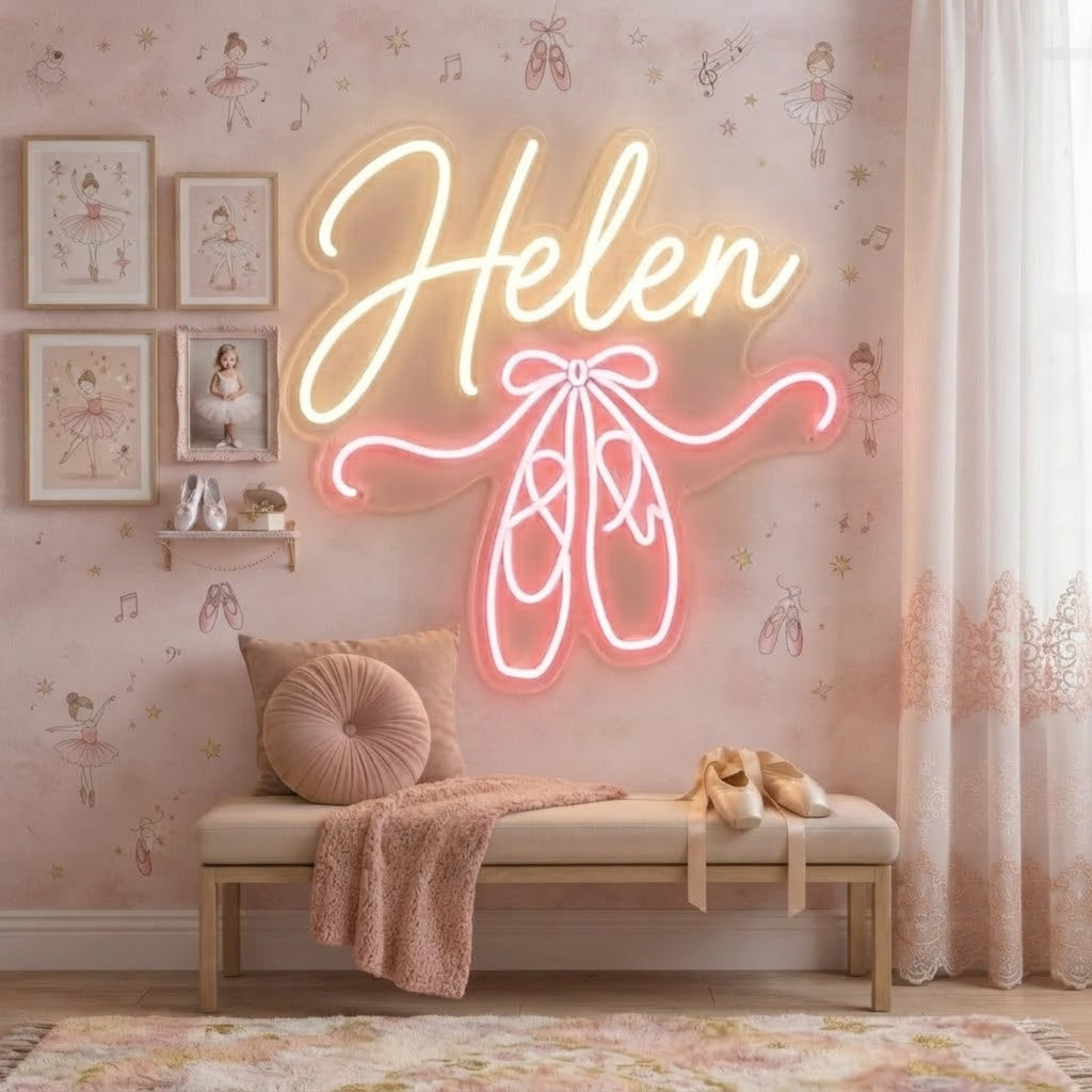 Personalized Ballet Neon Sign Custom Name LED Light with Ballet Shoes, Pink Danc