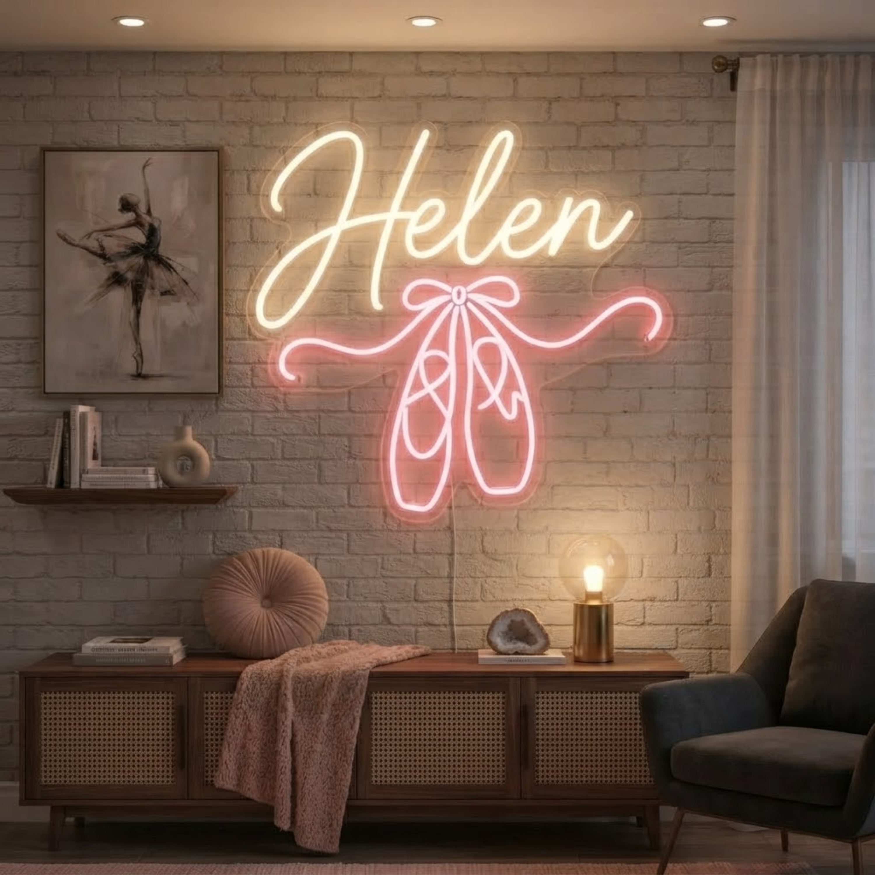 Personalized Ballet Neon Sign Custom Name LED Light with Ballet Shoes, Pink Danc