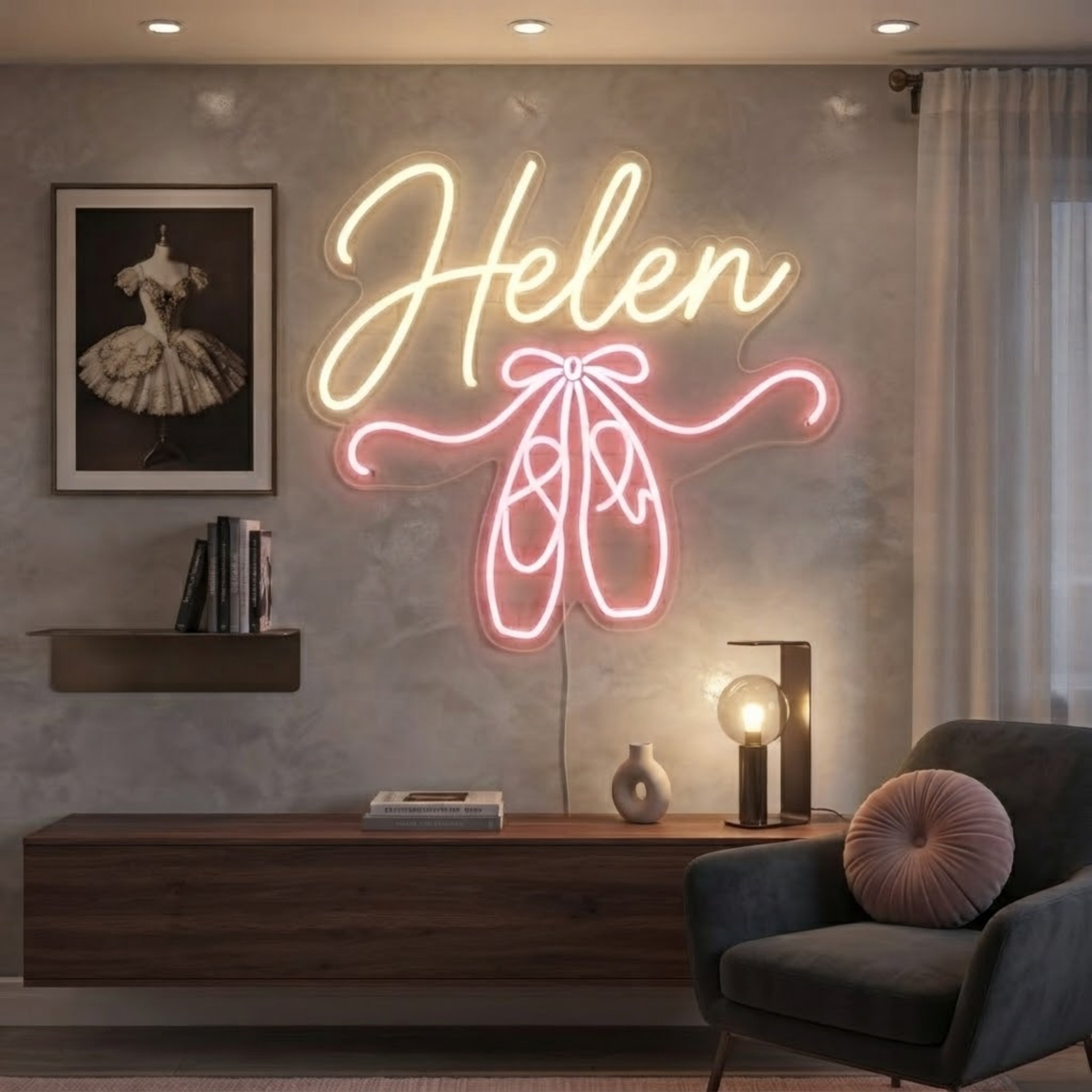 Personalized Ballet Neon Sign Custom Name LED Light with Ballet Shoes, Pink Danc