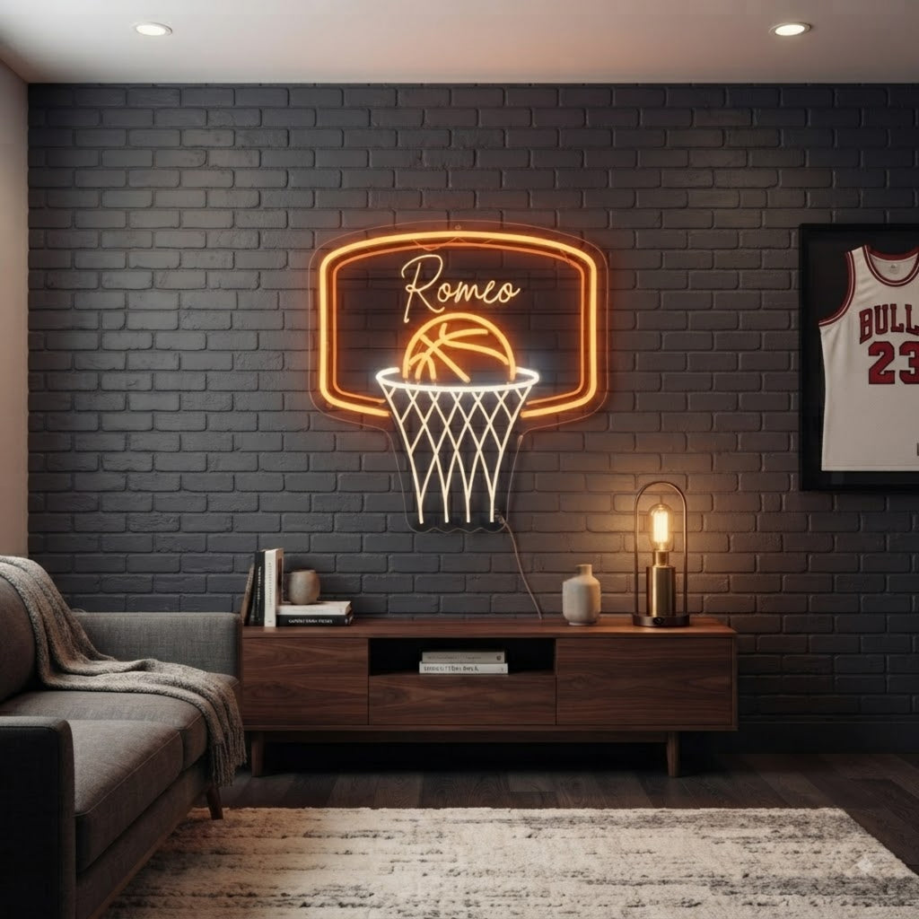 Personalized Basketball Neon Sign Custom Name LED Light, Basketball Hoop Wall De