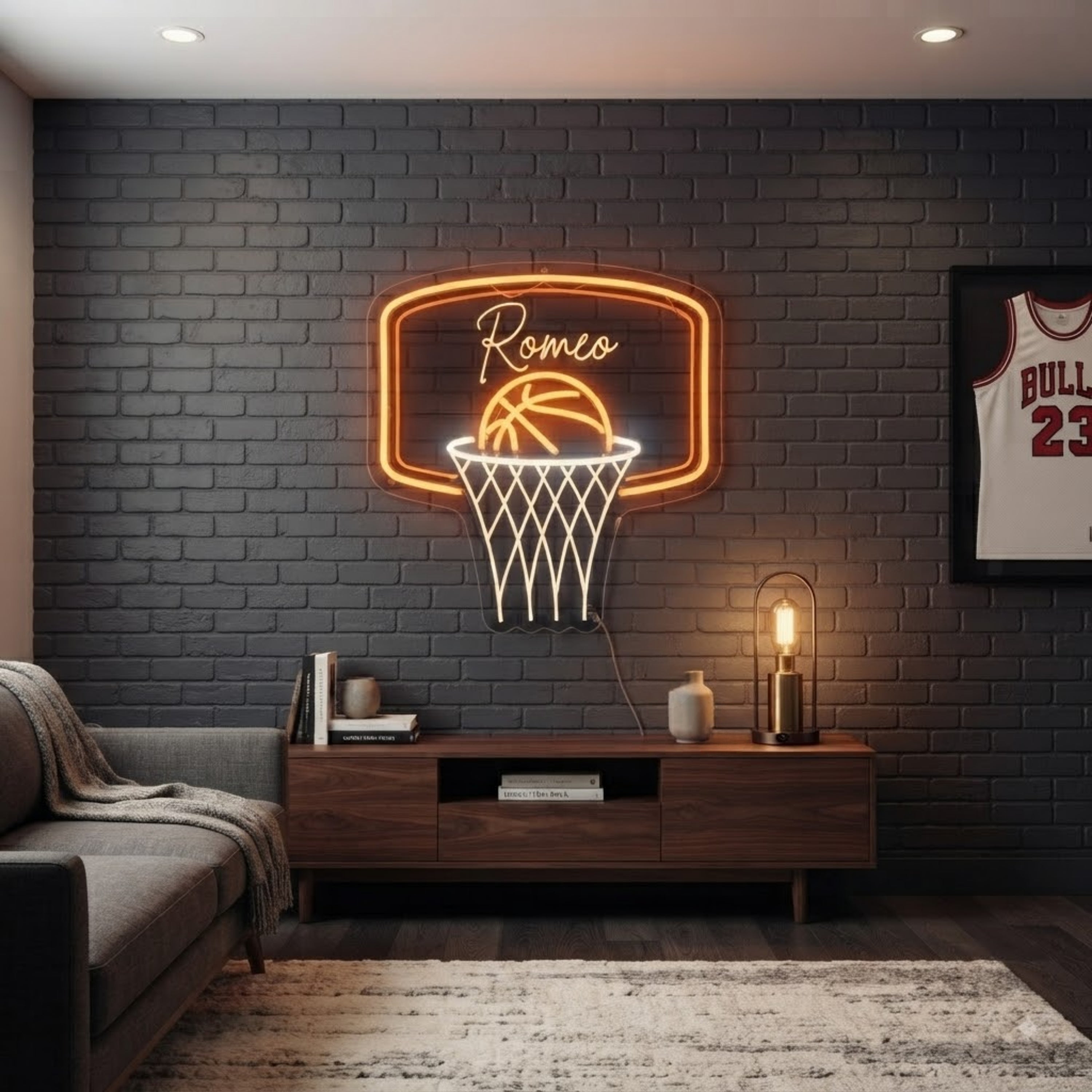 Personalized Basketball Neon Sign Custom Name LED Light, Basketball Hoop Wall De