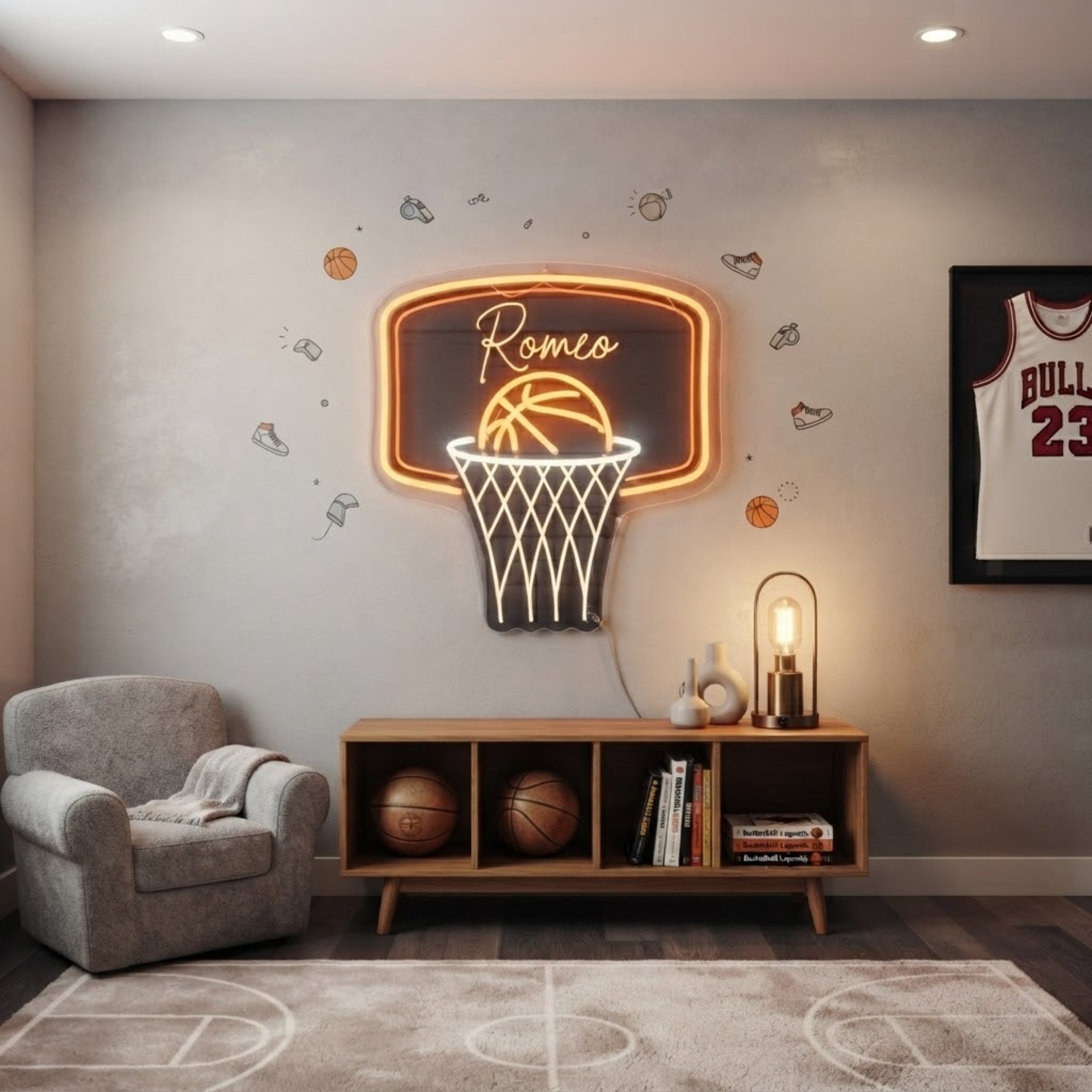 Personalized Basketball Neon Sign Custom Name LED Light, Basketball Hoop Wall De
