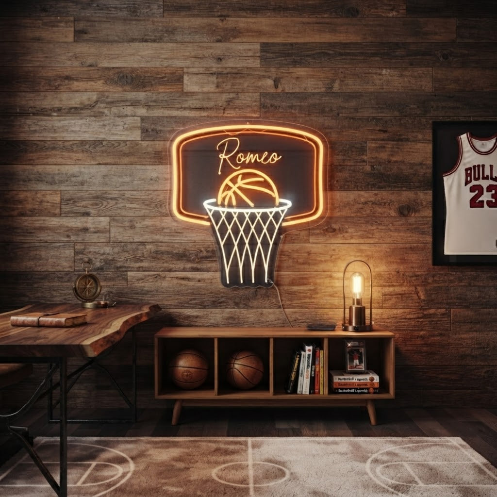 Personalized Basketball Neon Sign Custom Name LED Light, Basketball Hoop Wall De