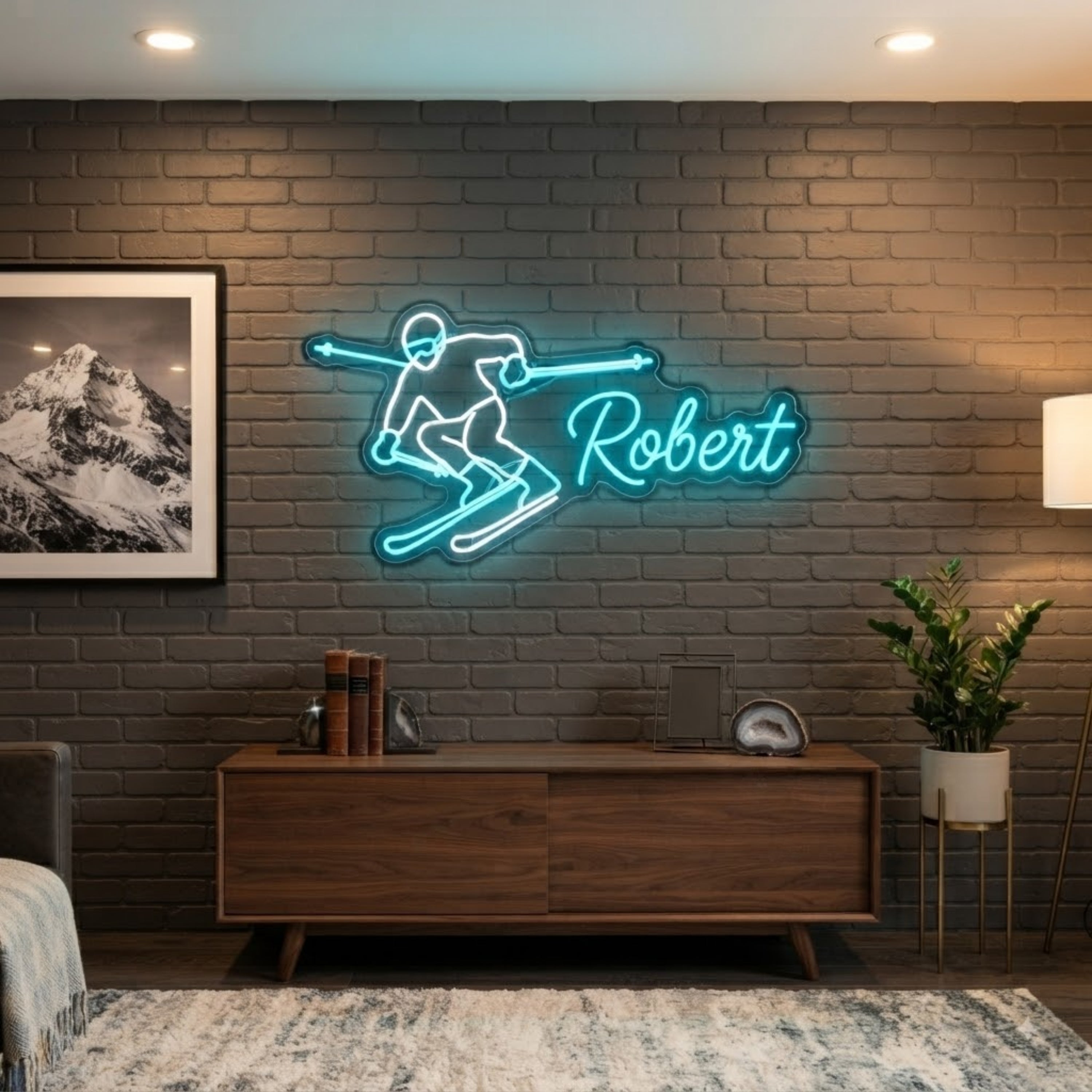 Custom Skiing Neon Sign with Name Personalized LED Ski Decor, Winter Sports Room