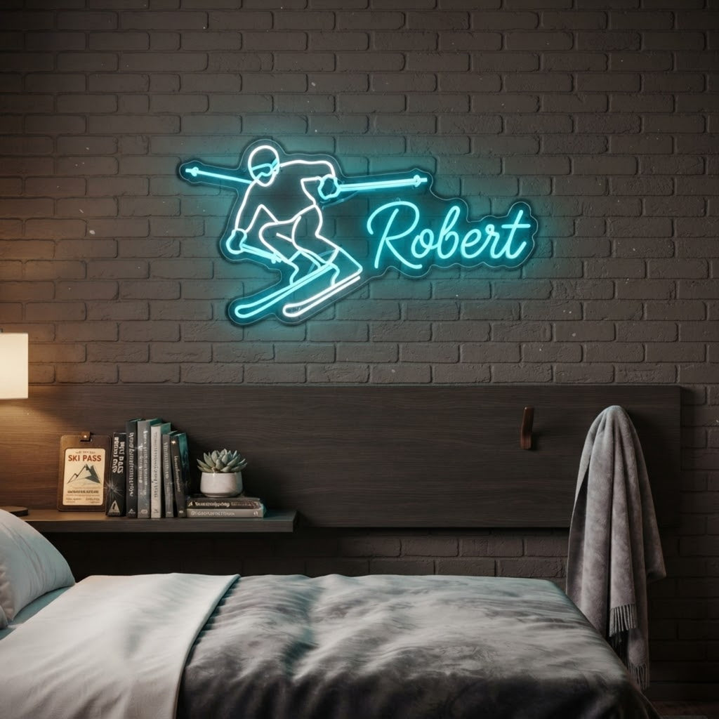 Custom Skiing Neon Sign with Name Personalized LED Ski Decor, Winter Sports Room