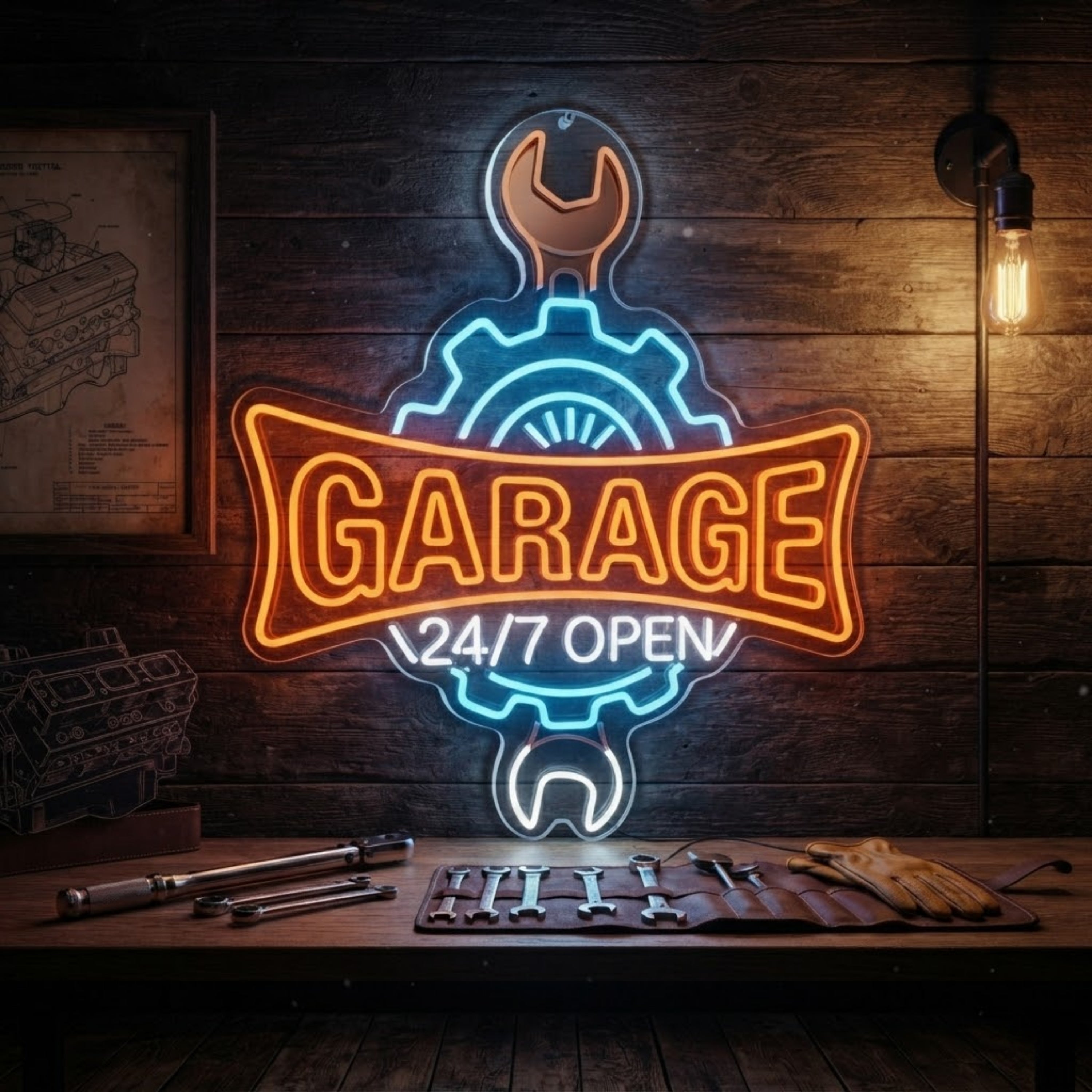 Garage Neon Sign 24/7 Open LED Garage Light, Mechanic Shop Wall Decor, Auto Repa