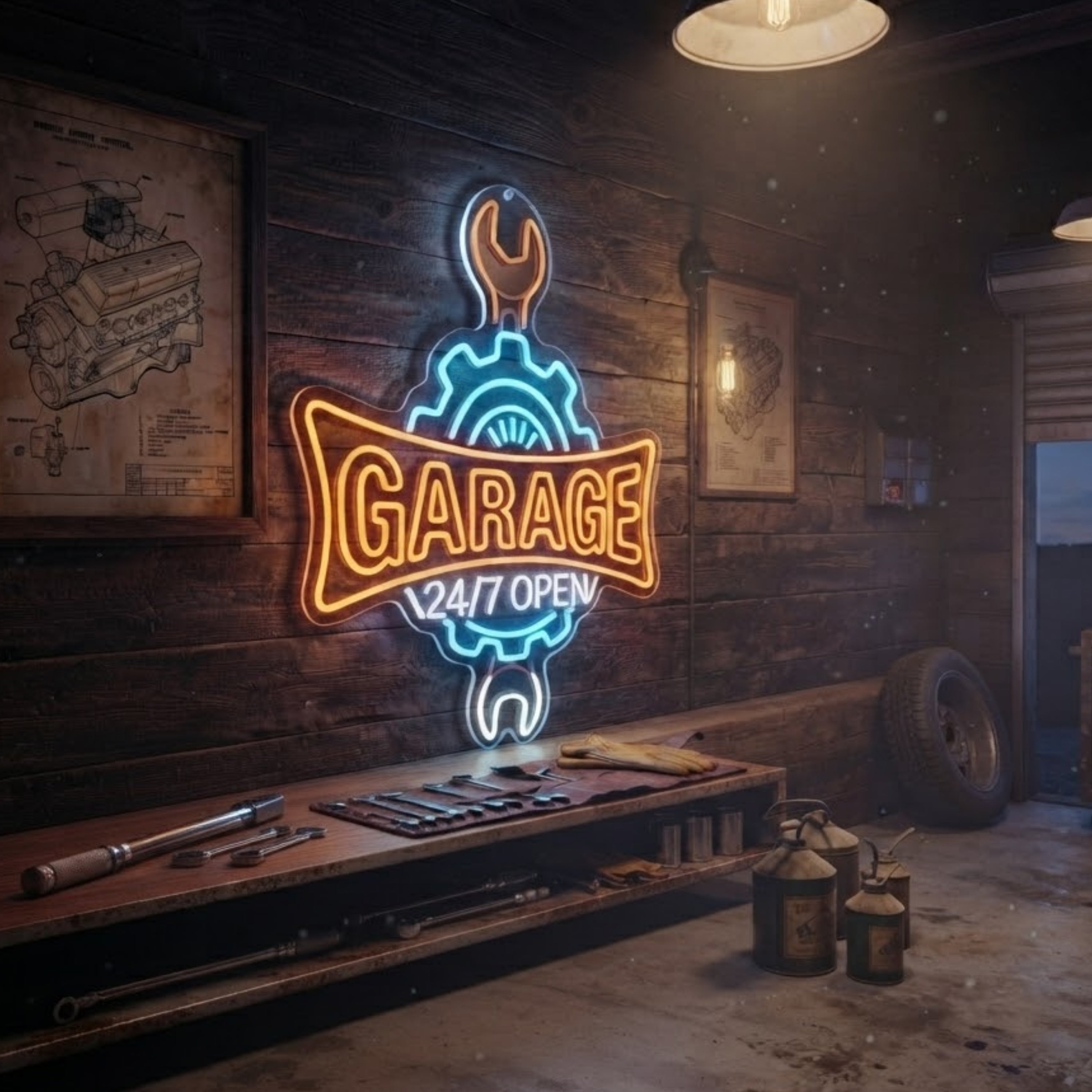 Garage Neon Sign 24/7 Open LED Garage Light, Mechanic Shop Wall Decor, Auto Repa