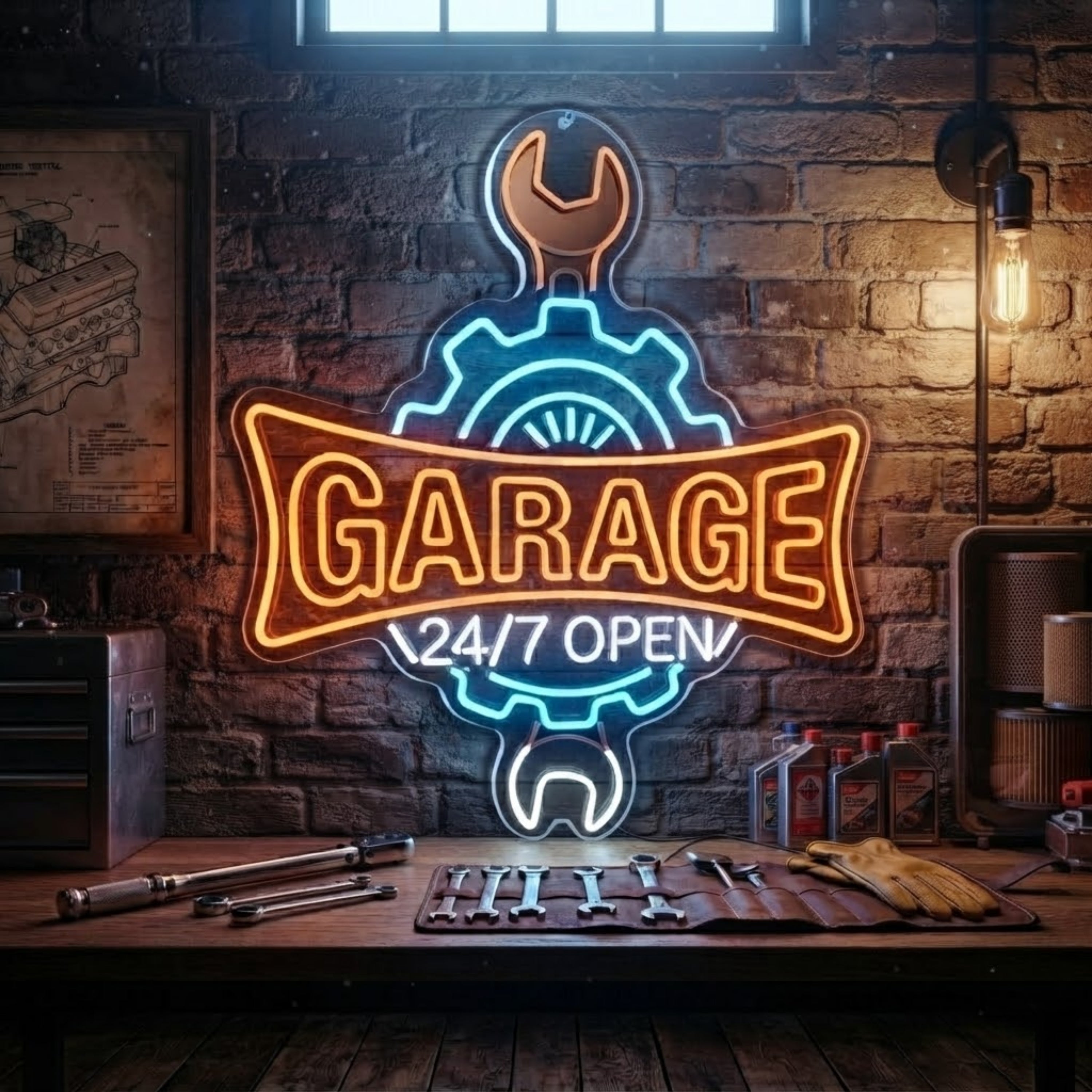 Garage Neon Sign 24/7 Open LED Garage Light, Mechanic Shop Wall Decor, Auto Repa