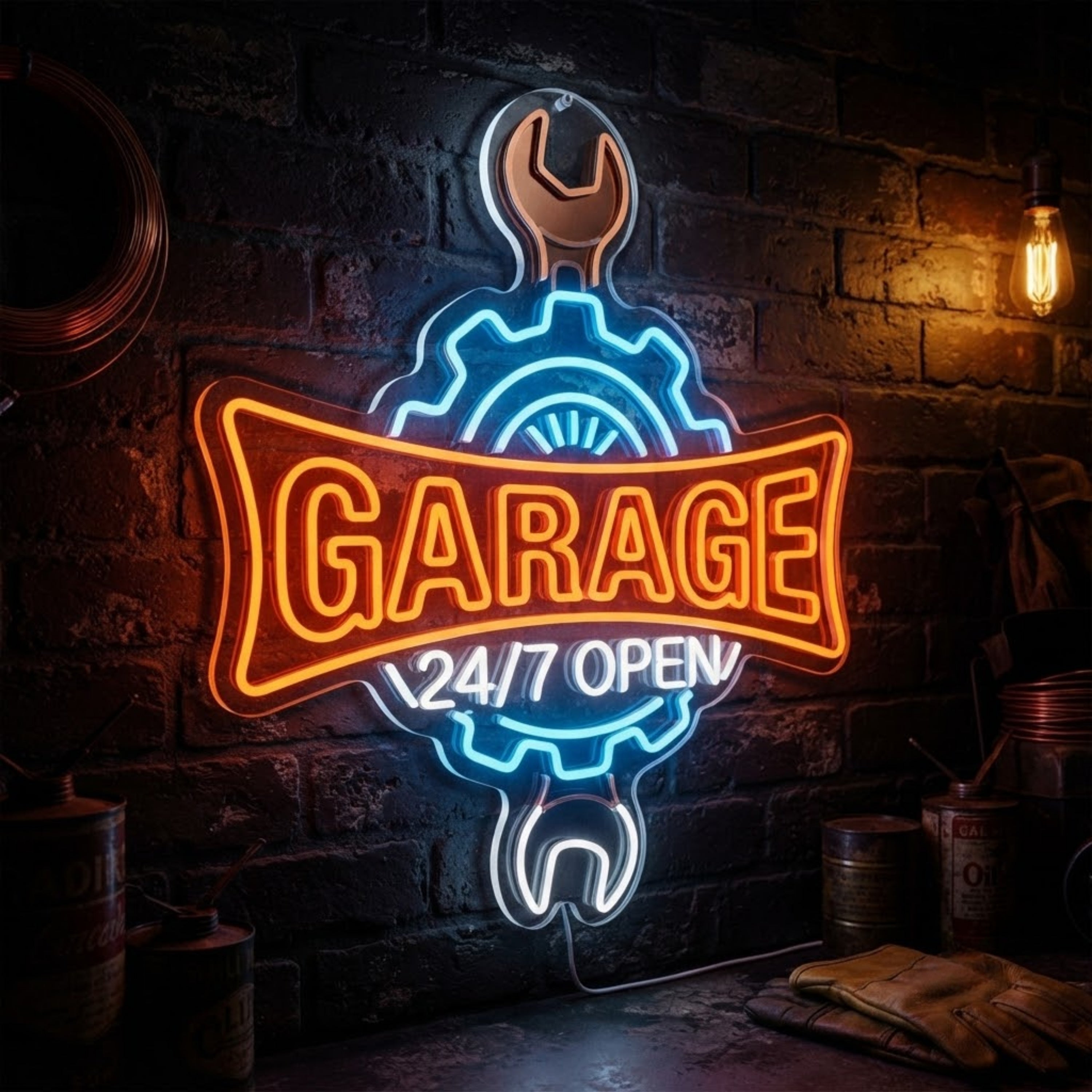 Garage Neon Sign 24/7 Open LED Garage Light, Mechanic Shop Wall Decor, Auto Repa