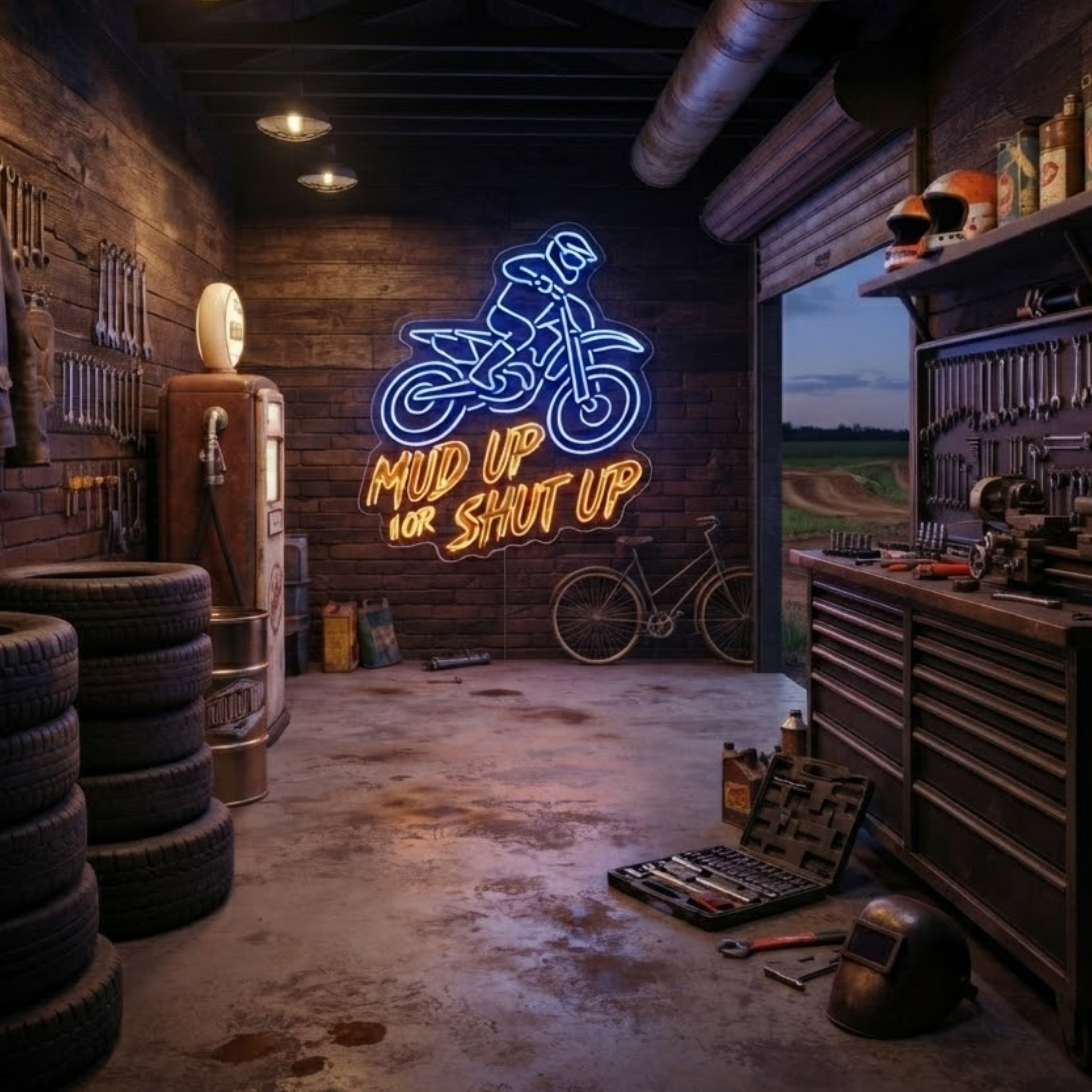 Dirt Bike Neon Sign Mud Up or Shut Up LED Light, Motocross Wall Decor, Motorcycl