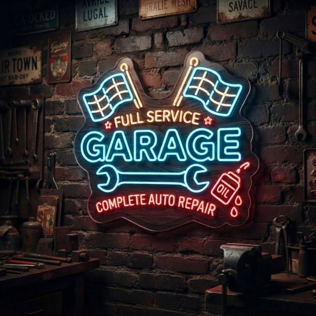 Garage Neon Sign Full Service Auto Repair LED Light, Mechanic Shop Wall Decor, A