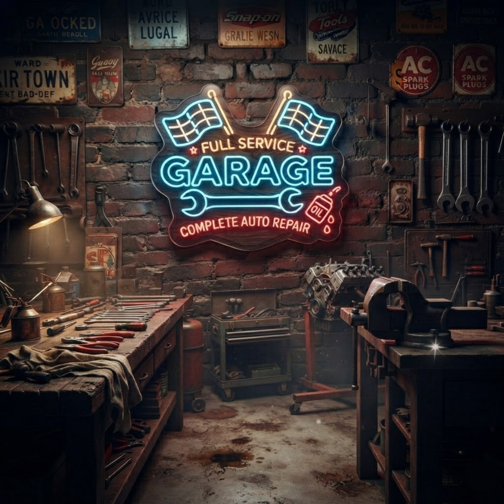 Garage Neon Sign Full Service Auto Repair LED Light, Mechanic Shop Wall Decor, A