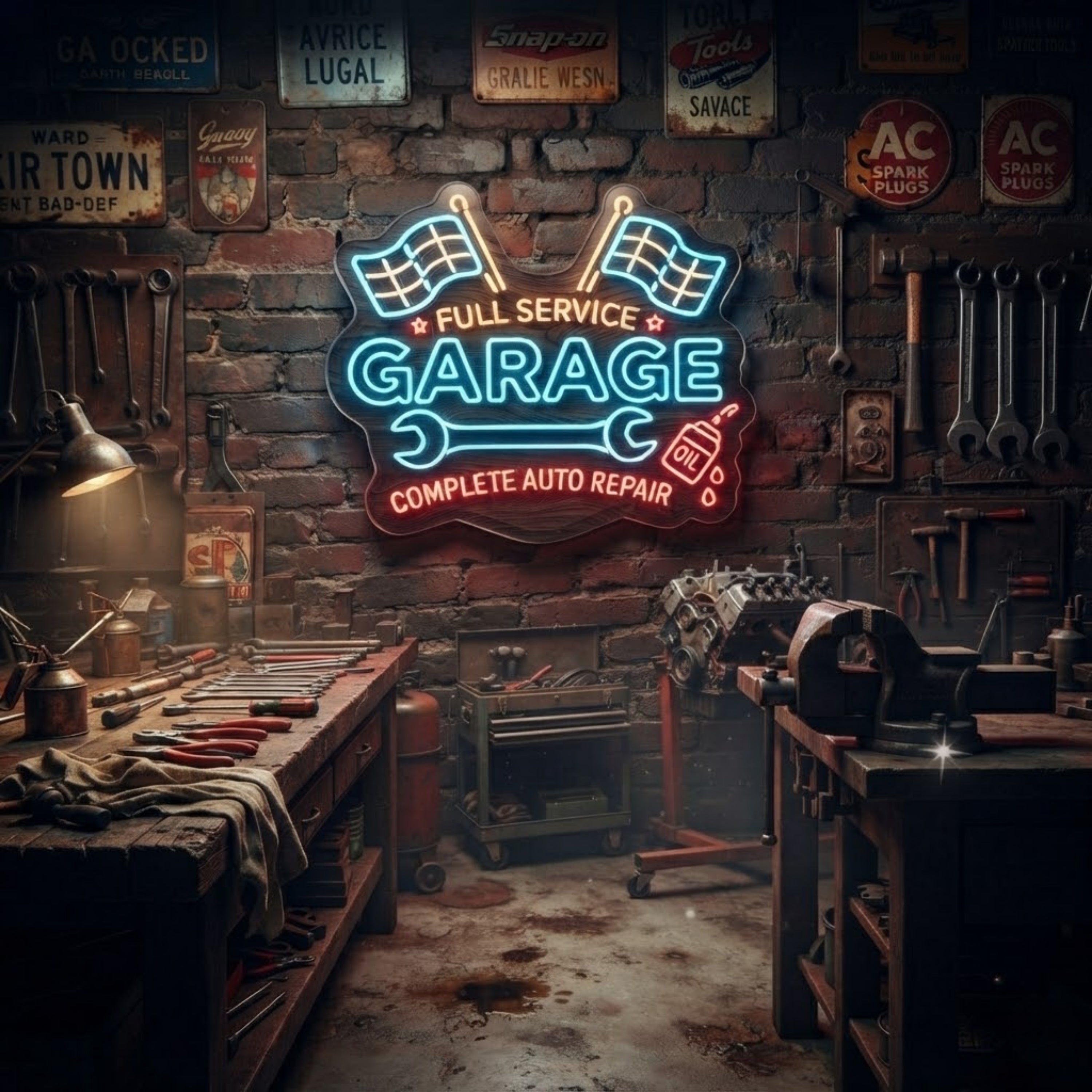 Garage Neon Sign Full Service Auto Repair LED Light, Mechanic Shop Wall Decor, A