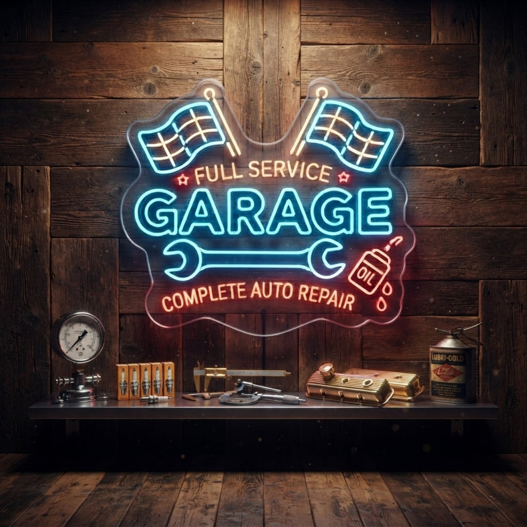 Garage Neon Sign Full Service Auto Repair LED Light, Mechanic Shop Wall Decor, A