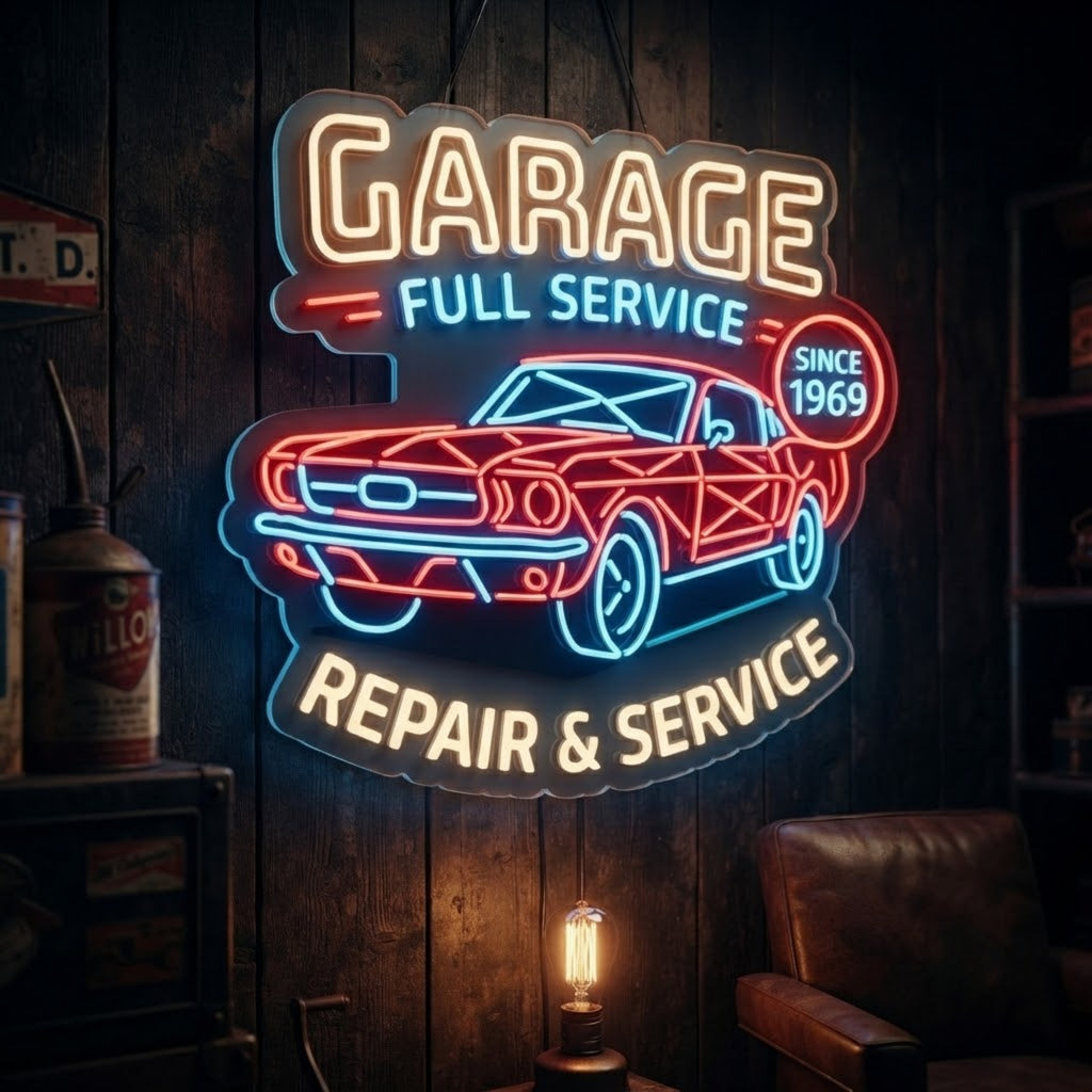 Garage Neon Sign Full Service Repair & Service LED Light, Classic Car Garage Dec