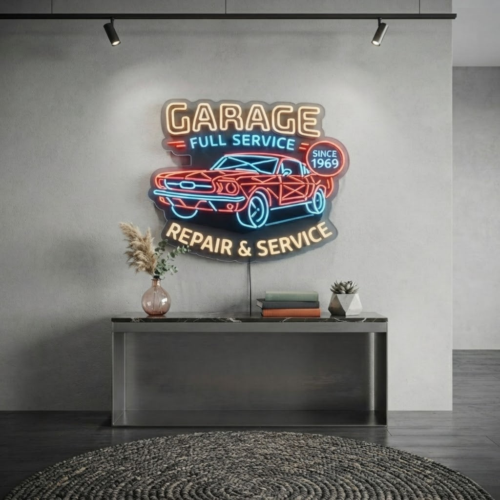 Garage Neon Sign Full Service Repair & Service LED Light, Classic Car Garage Dec
