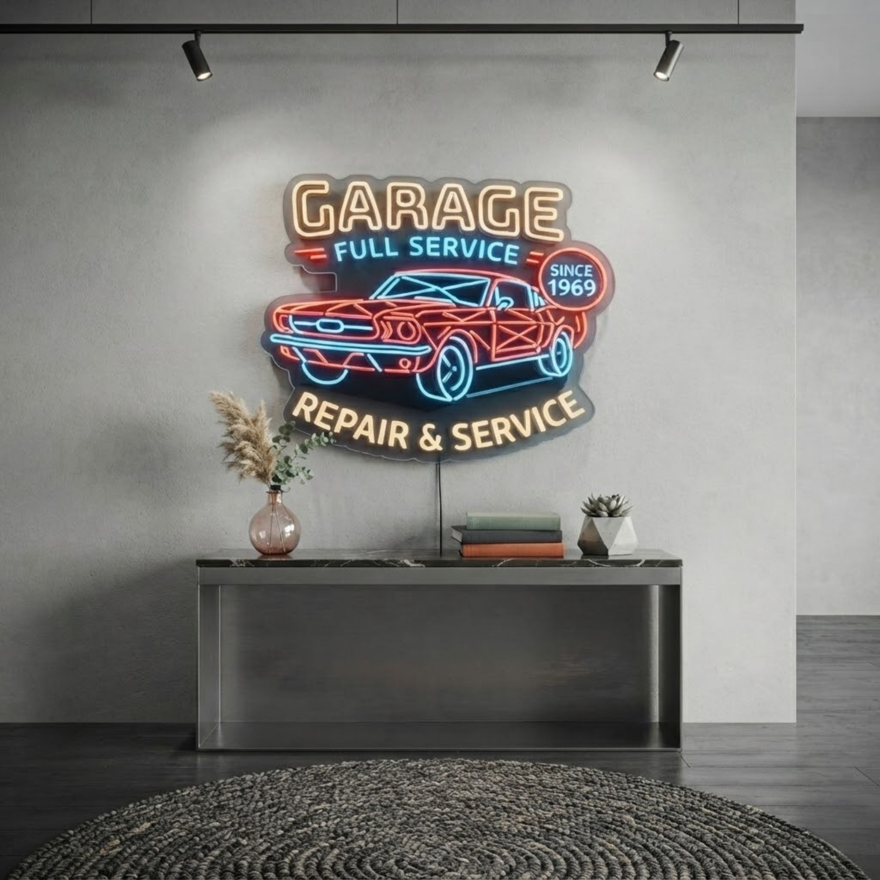 Garage Neon Sign Full Service Repair & Service LED Light, Classic Car Garage Dec