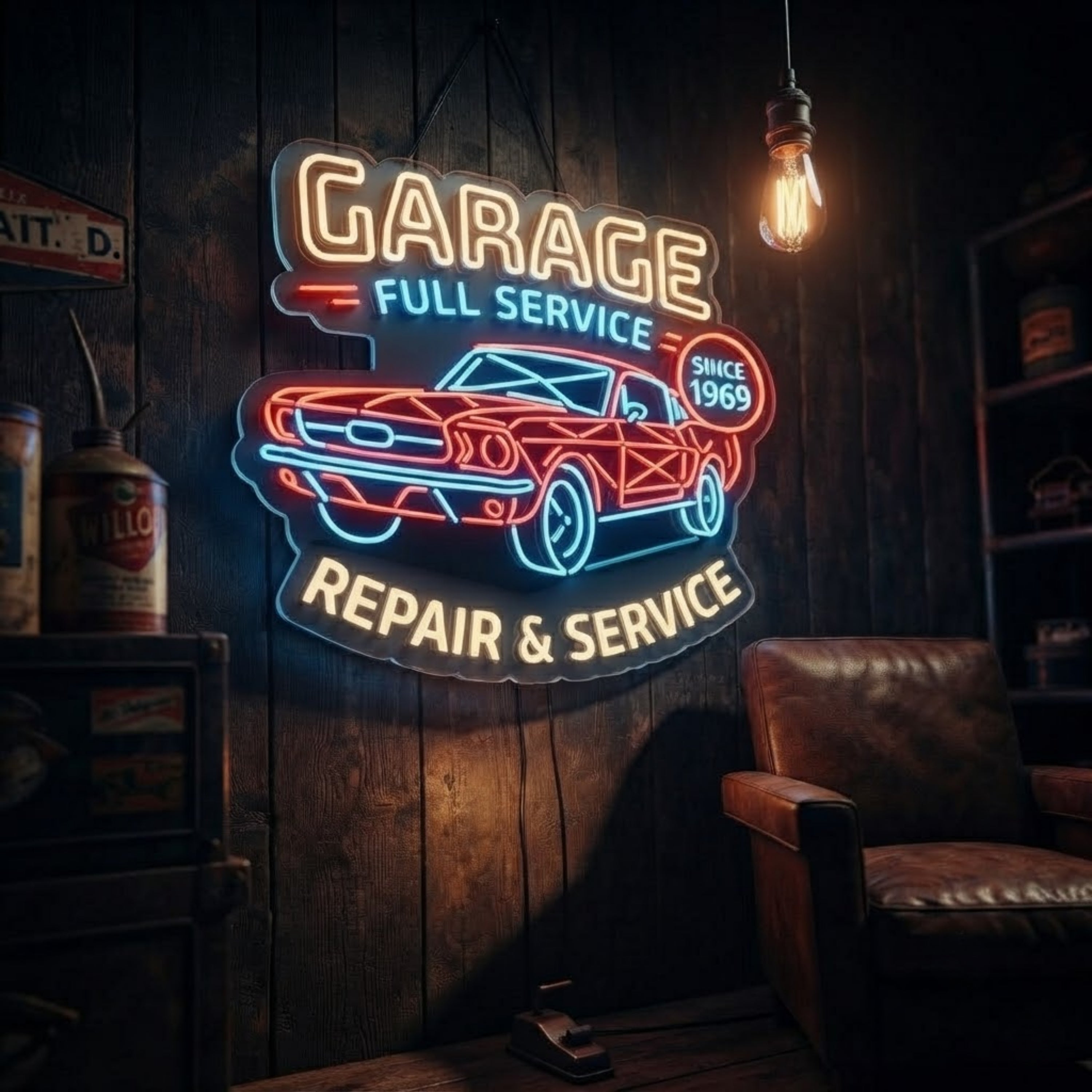 Garage Neon Sign Full Service Repair & Service LED Light, Classic Car Garage Dec