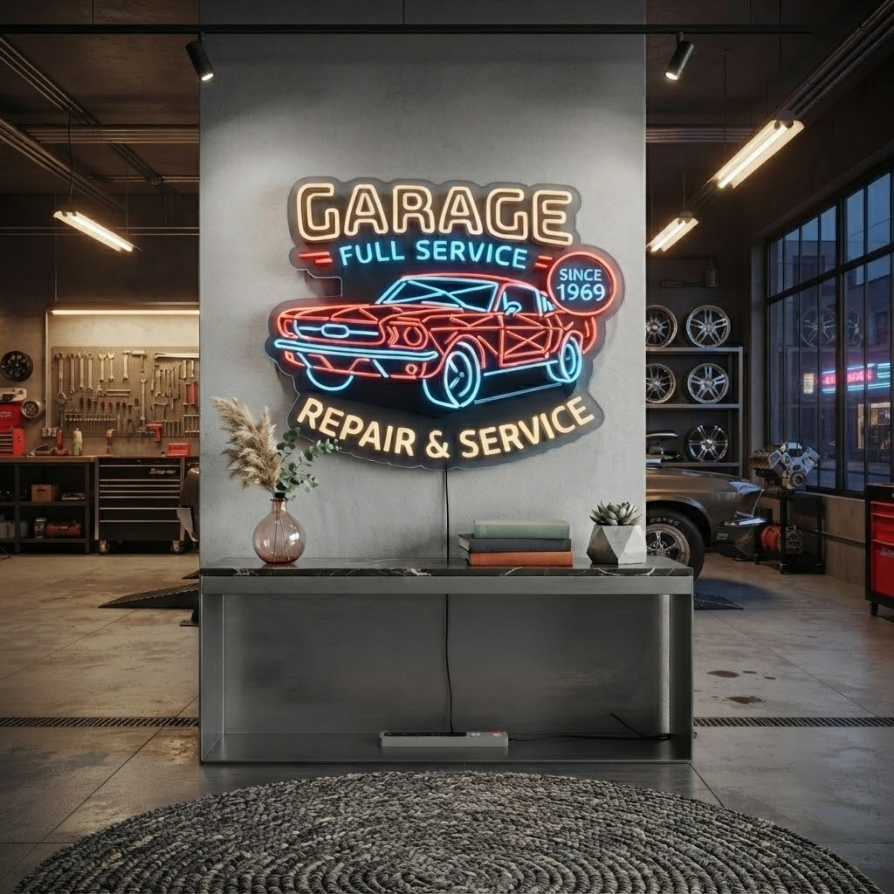 Garage Neon Sign Full Service Repair & Service LED Light, Classic Car Garage Dec
