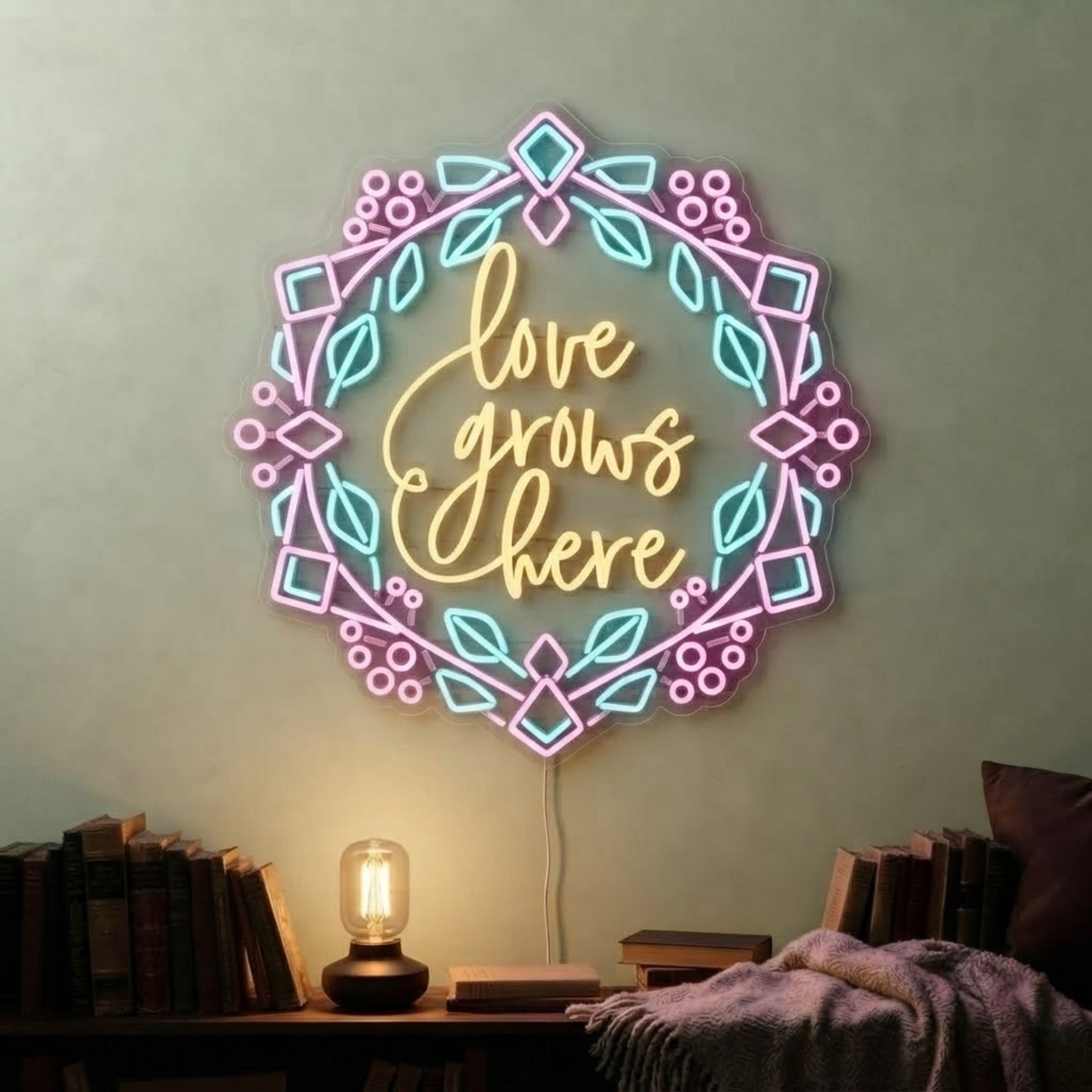 Love Grows Here Neon Sign Floral LED Neon Light, Romantic Wall Decor, Home Garde