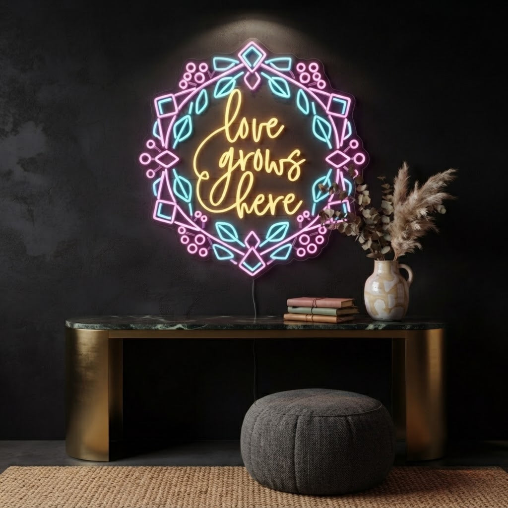 Love Grows Here Neon Sign Floral LED Neon Light, Romantic Wall Decor, Home Garde