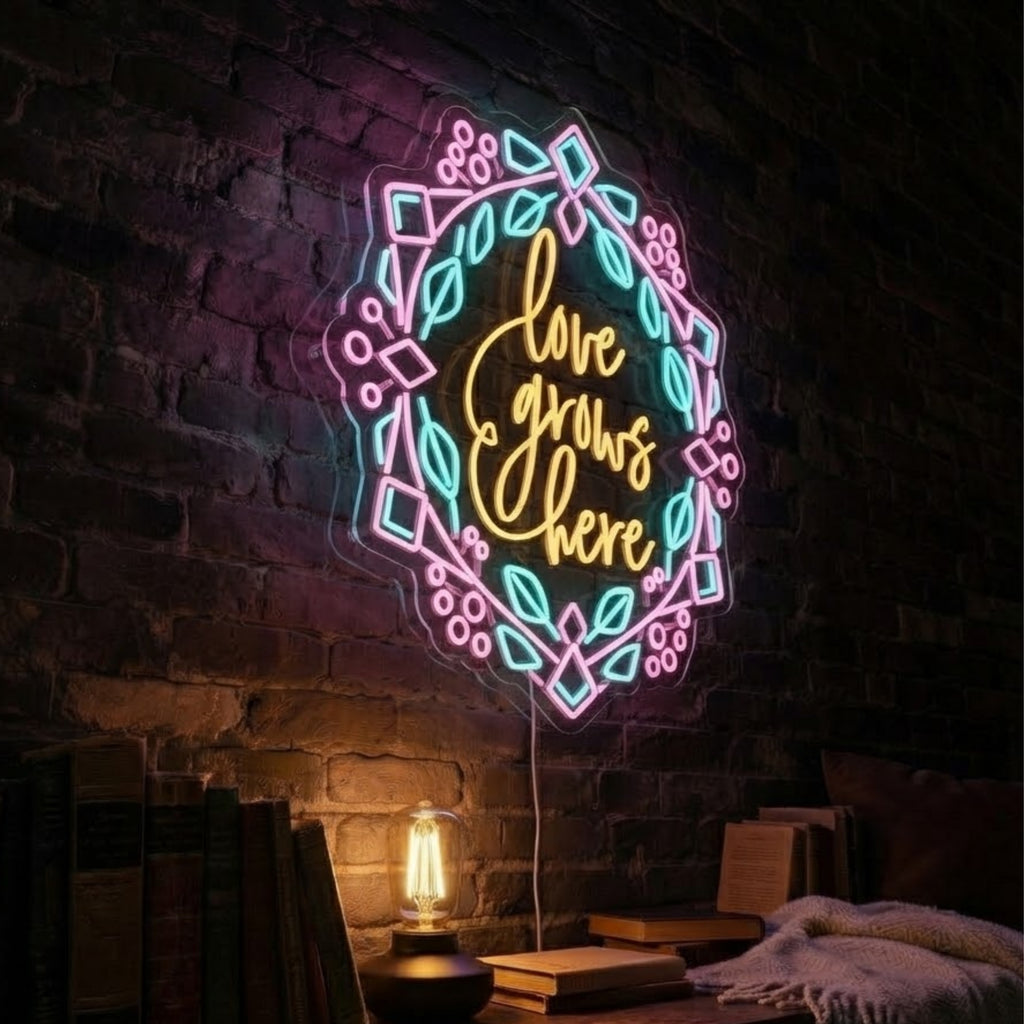 Love Grows Here Neon Sign Floral LED Neon Light, Romantic Wall Decor, Home Garde