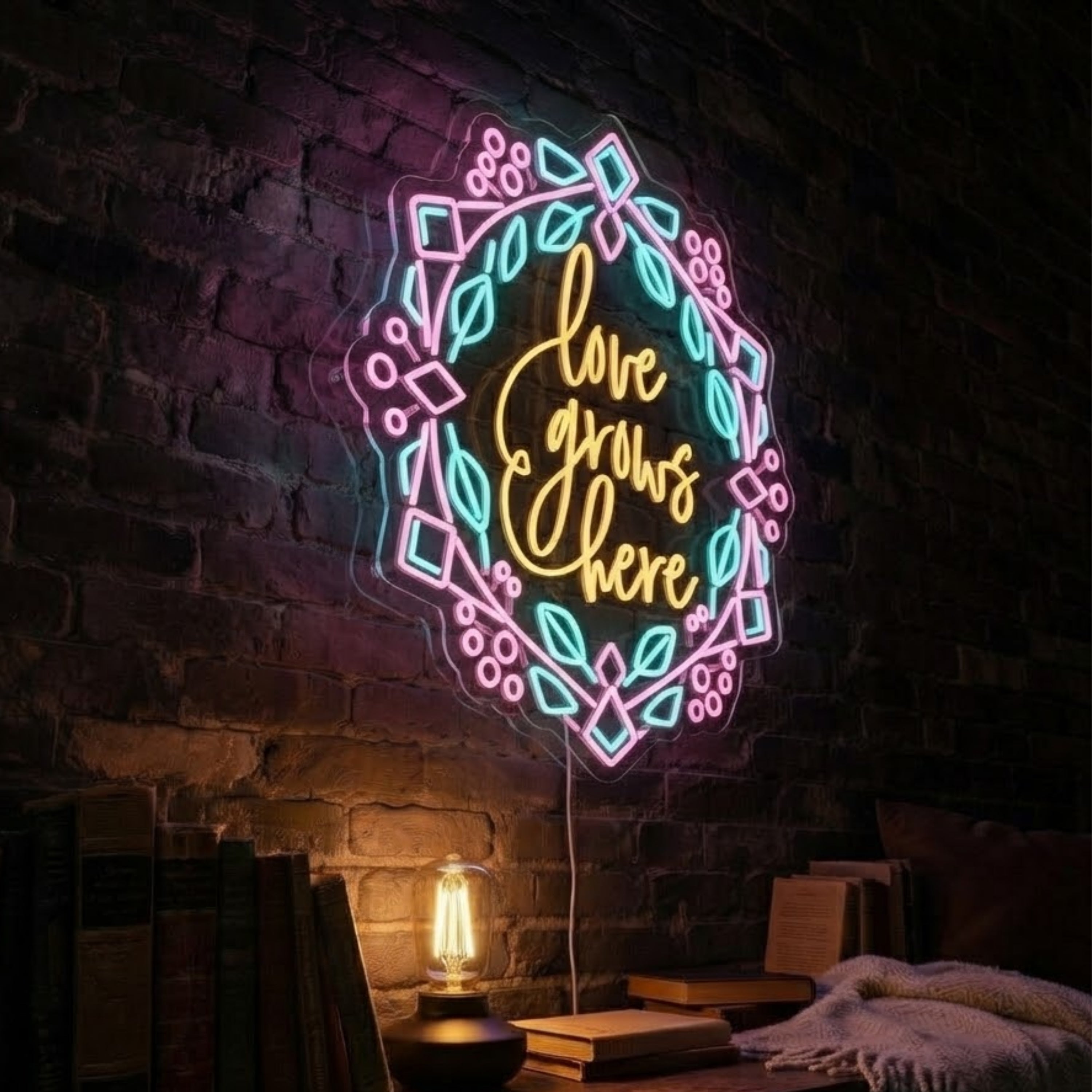 Love Grows Here Neon Sign Floral LED Neon Light, Romantic Wall Decor, Home Garde