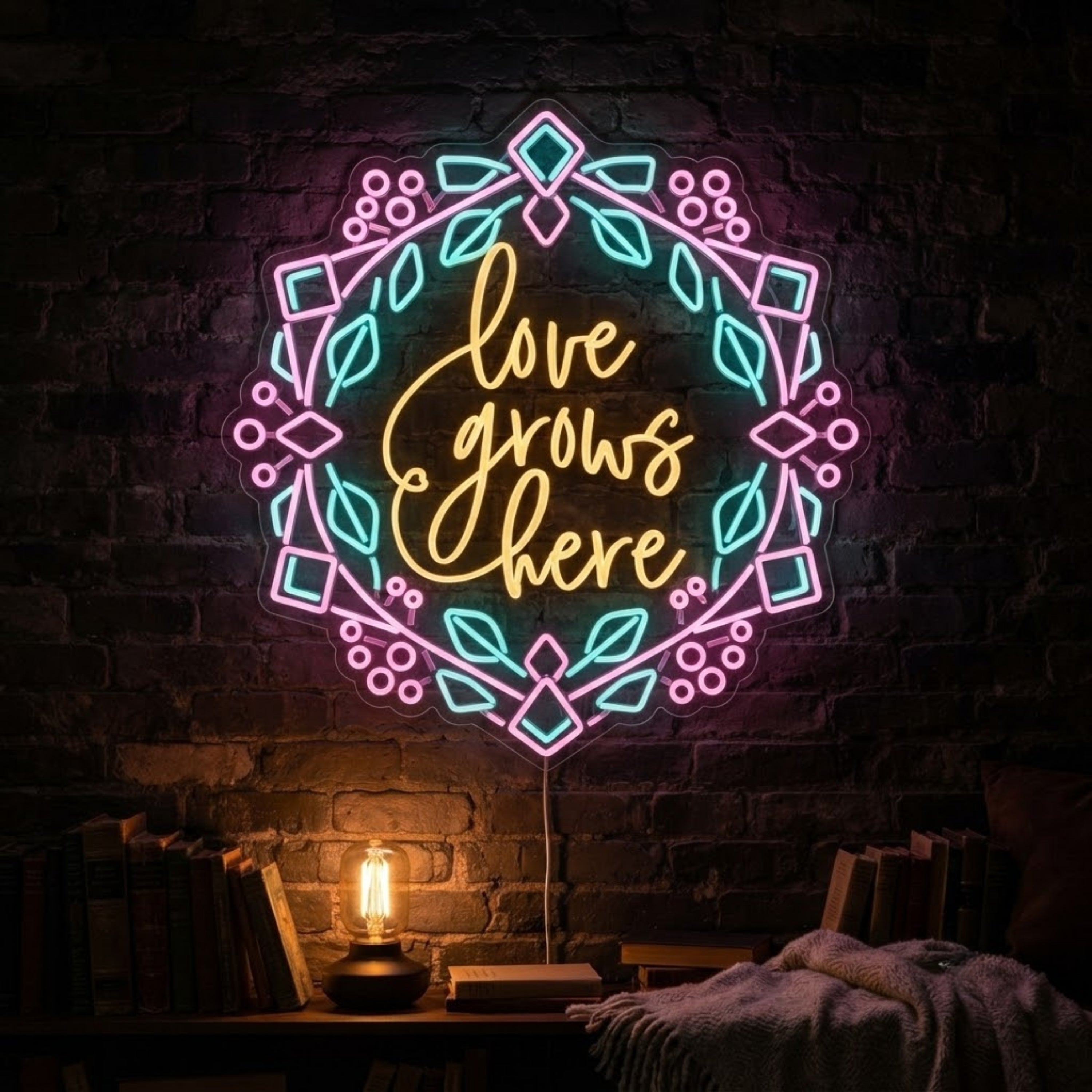 Love Grows Here Neon Sign Floral LED Neon Light, Romantic Wall Decor, Home Garde