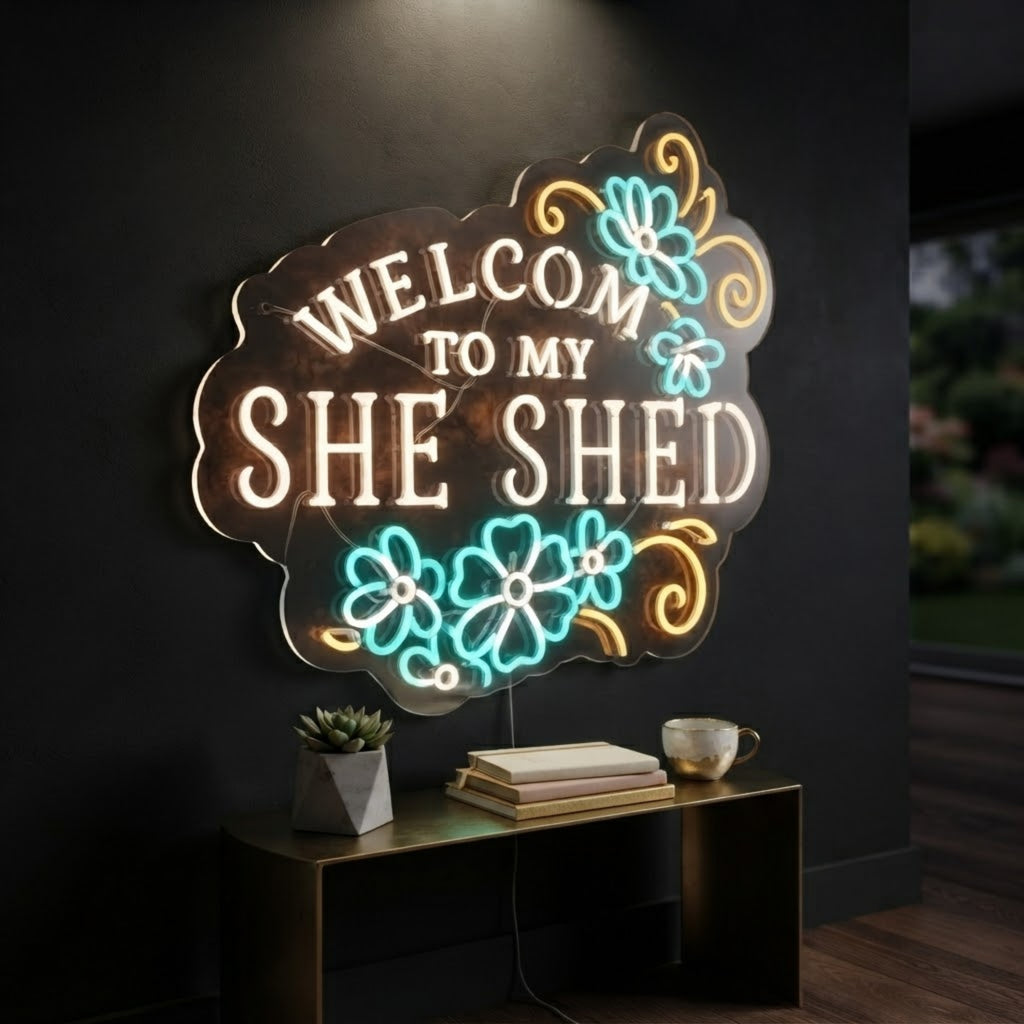 Welcome To My She Shed Neon Sign Floral LED Light, She Shed Wall Decor, Women s