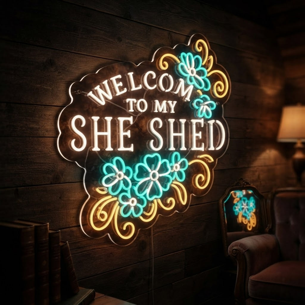 Welcome To My She Shed Neon Sign Floral LED Light, She Shed Wall Decor, Women s