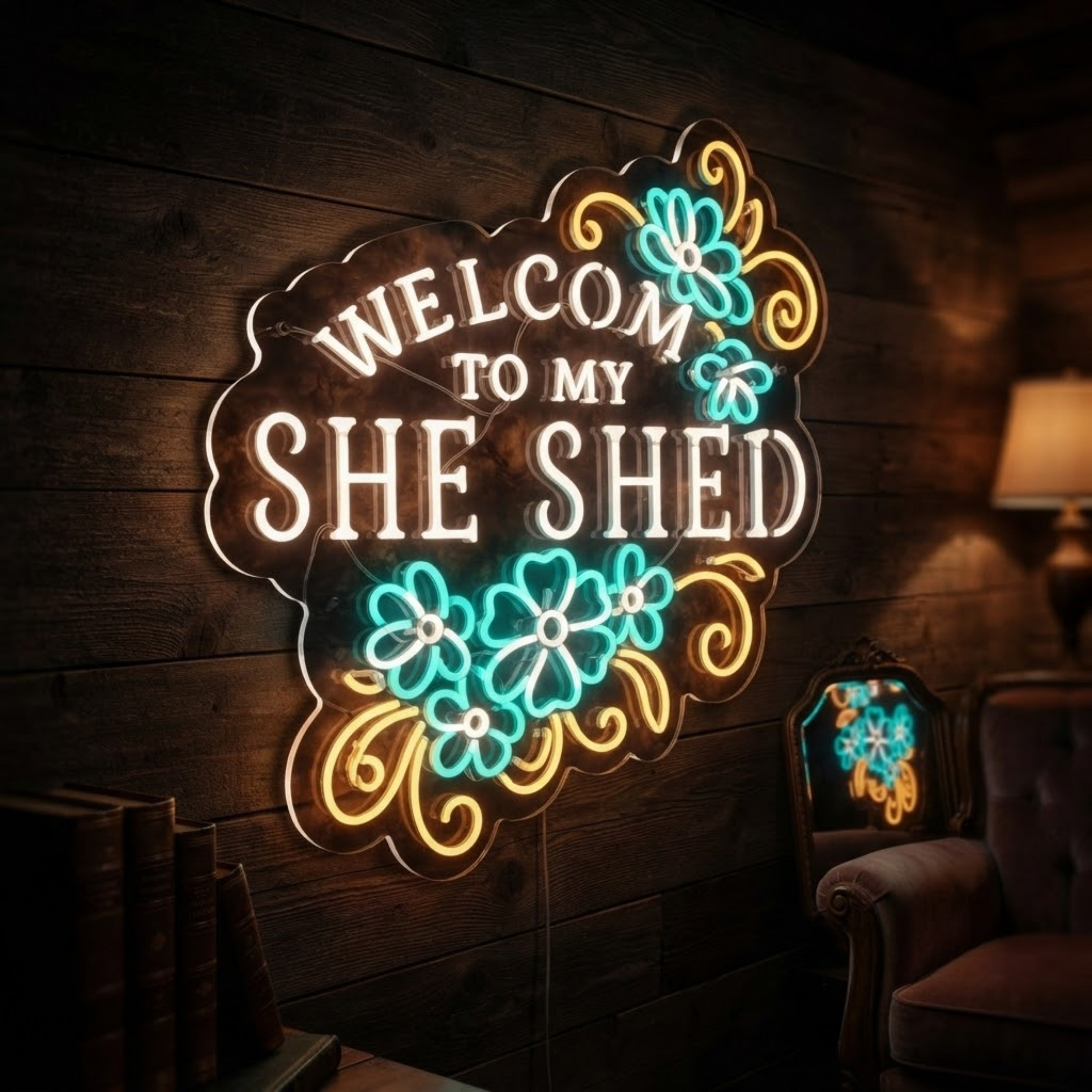 Welcome To My She Shed Neon Sign Floral LED Light, She Shed Wall Decor, Women s