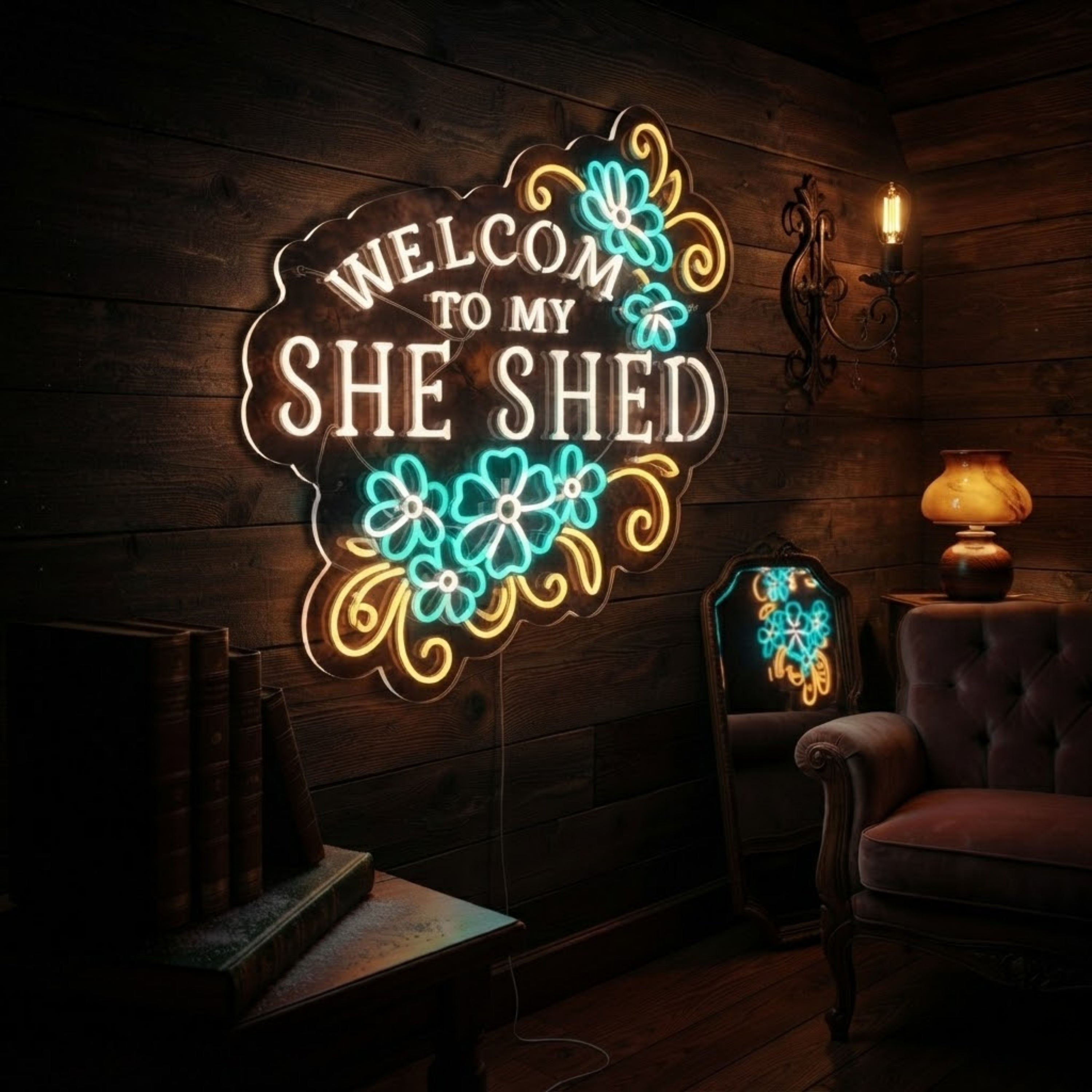 Welcome To My She Shed Neon Sign Floral LED Light, She Shed Wall Decor, Women s