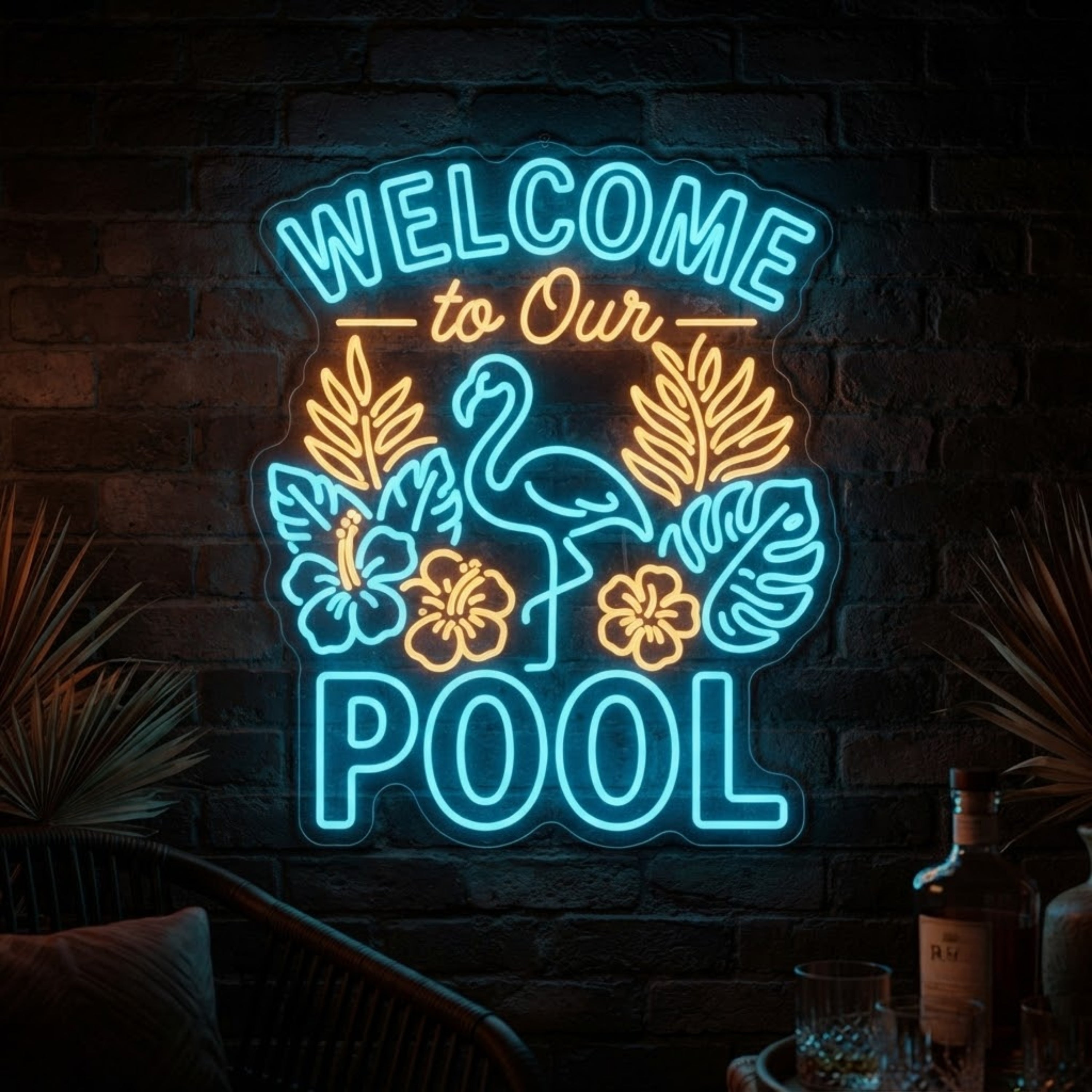Welcome to Our Pool Neon Sign Custom LED Flamingo Pool Sign, Tropical Neon Wall