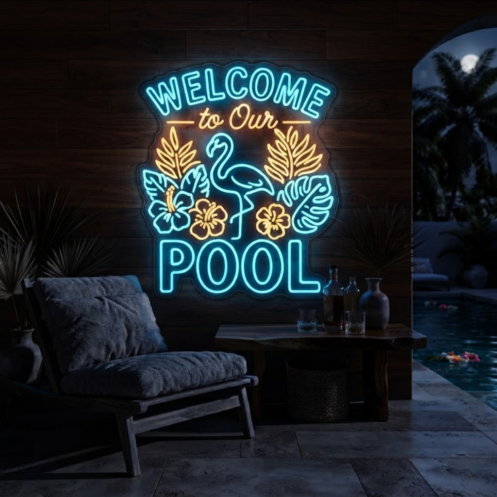 Welcome to Our Pool Neon Sign Custom LED Flamingo Pool Sign, Tropical Neon Wall