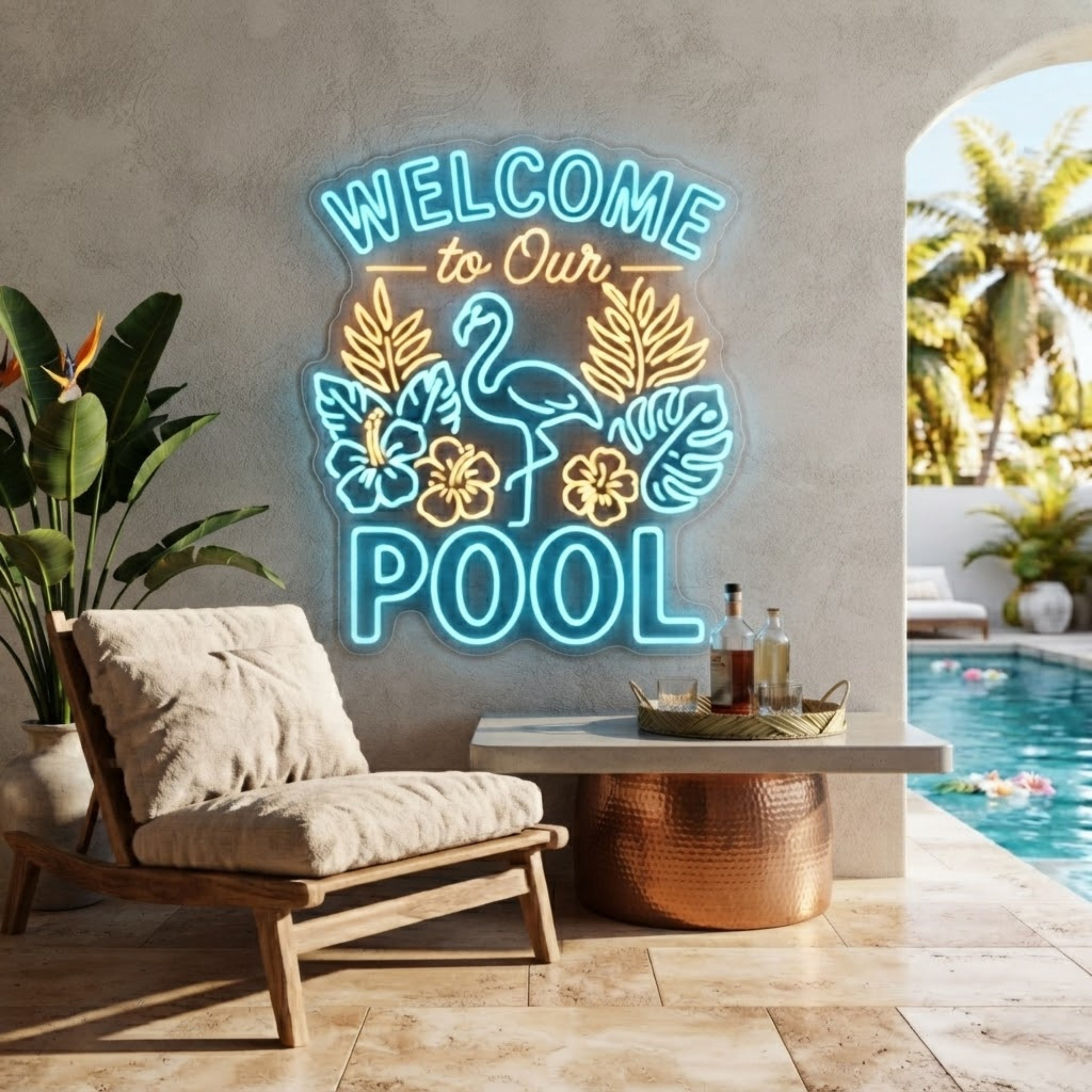 Welcome to Our Pool Neon Sign Custom LED Flamingo Pool Sign, Tropical Neon Wall