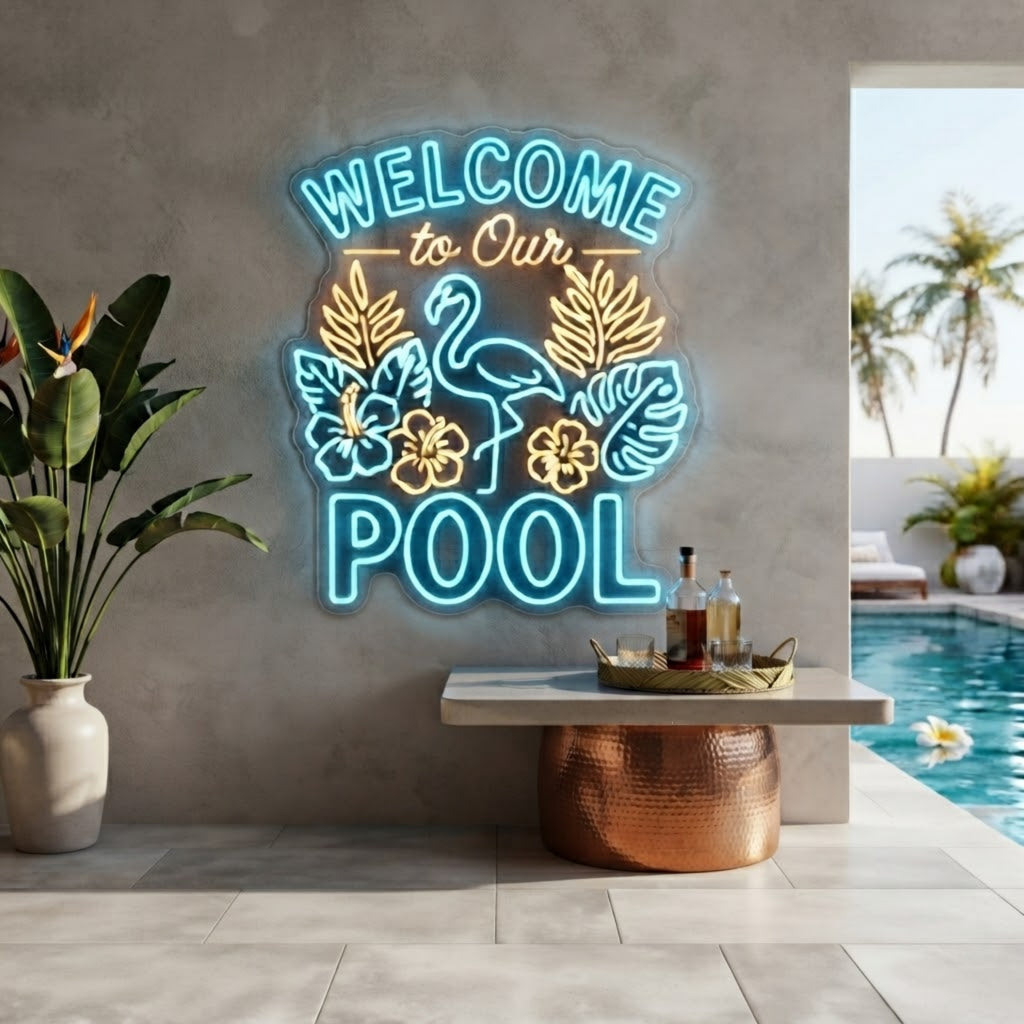 Welcome to Our Pool Neon Sign Custom LED Flamingo Pool Sign, Tropical Neon Wall