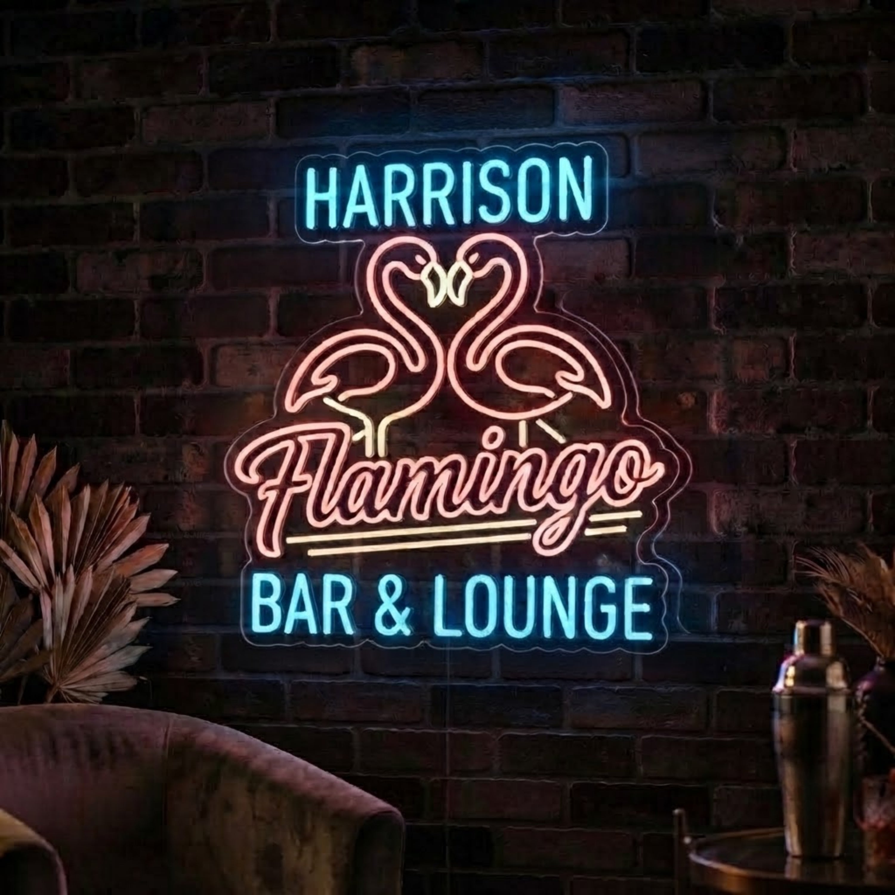 Personalized Flamingo Bar & Lounge Neon Sign Custom Name LED Sign, Tropical Flam