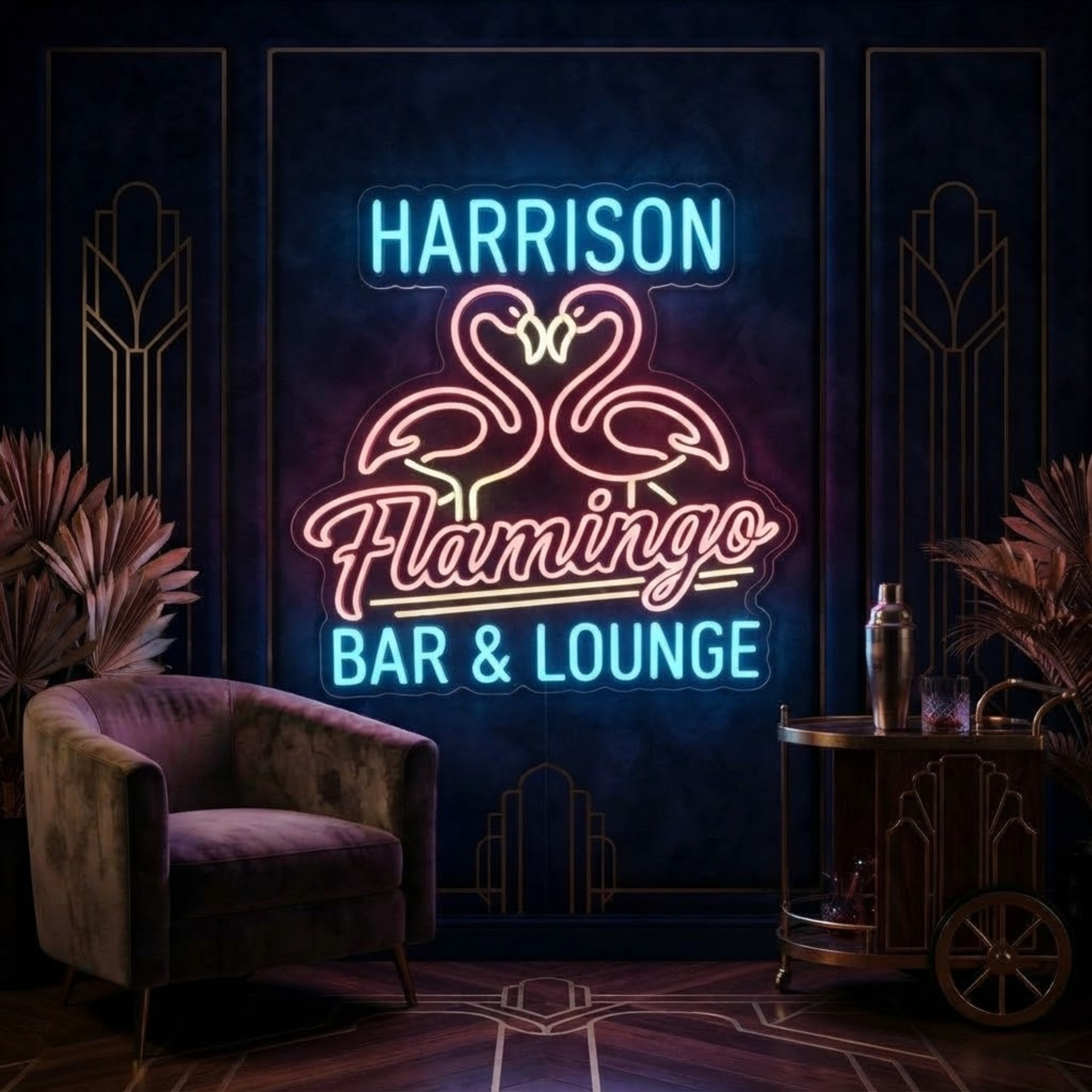 Personalized Flamingo Bar & Lounge Neon Sign Custom Name LED Sign, Tropical Flam