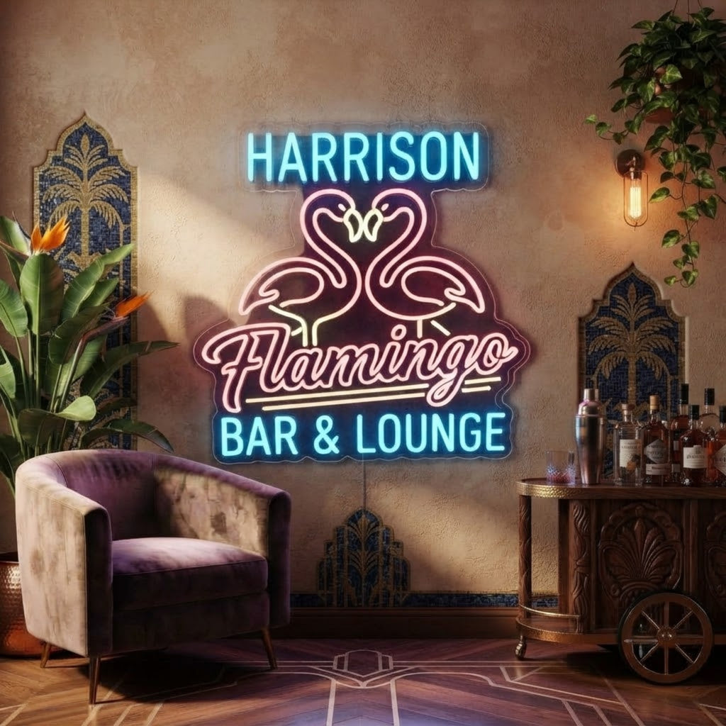 Personalized Flamingo Bar & Lounge Neon Sign Custom Name LED Sign, Tropical Flam