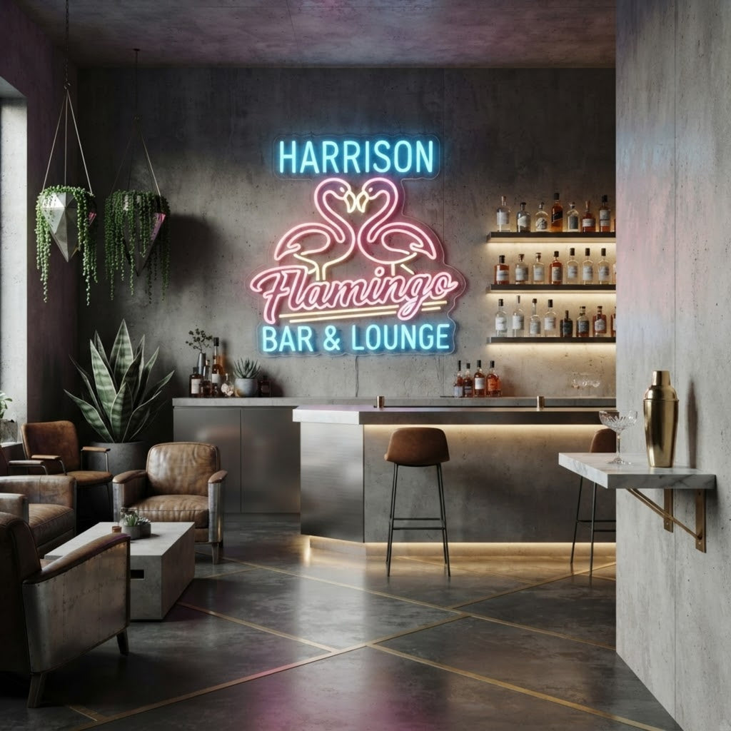 Personalized Flamingo Bar & Lounge Neon Sign Custom Name LED Sign, Tropical Flam